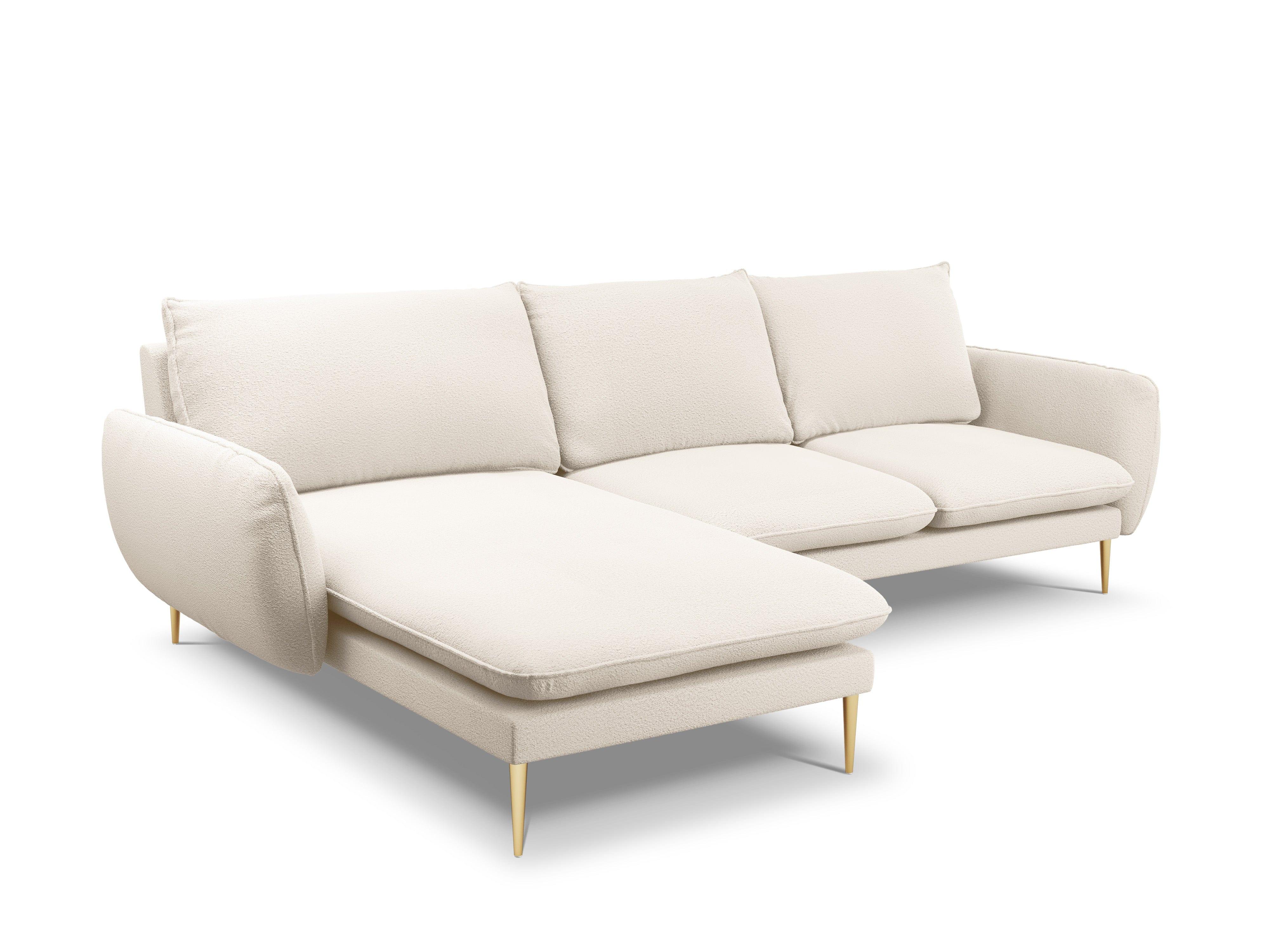 Narożnik w tkaninie boucle lewostronny VIENNA beżowy ze złotą podstawą Cosmopolitan Design Eye on Design