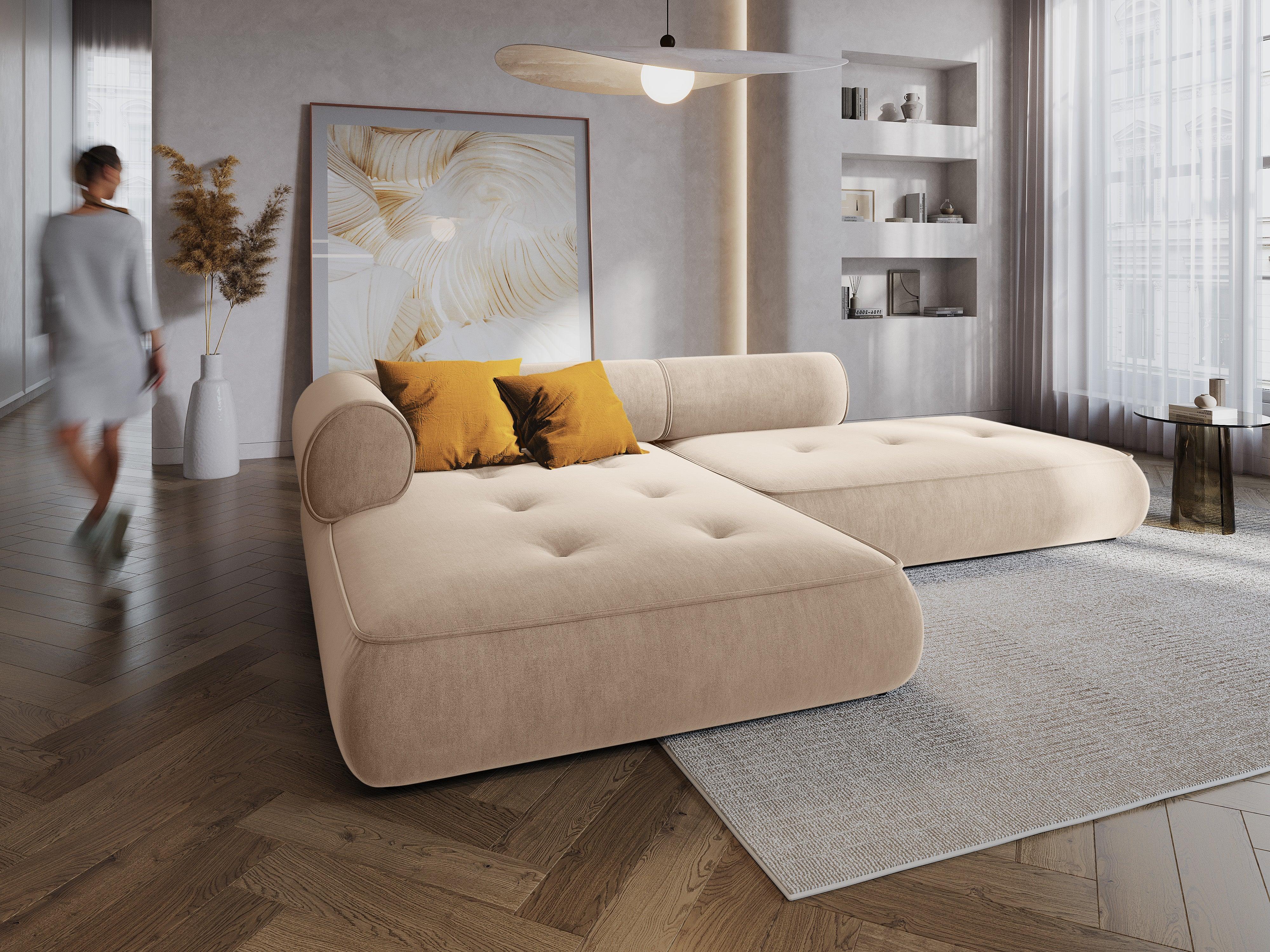 Narożnik w tkaninie szenilowej lewostronny otwarty LILY beżowy Maison Heritage Eye on Design
