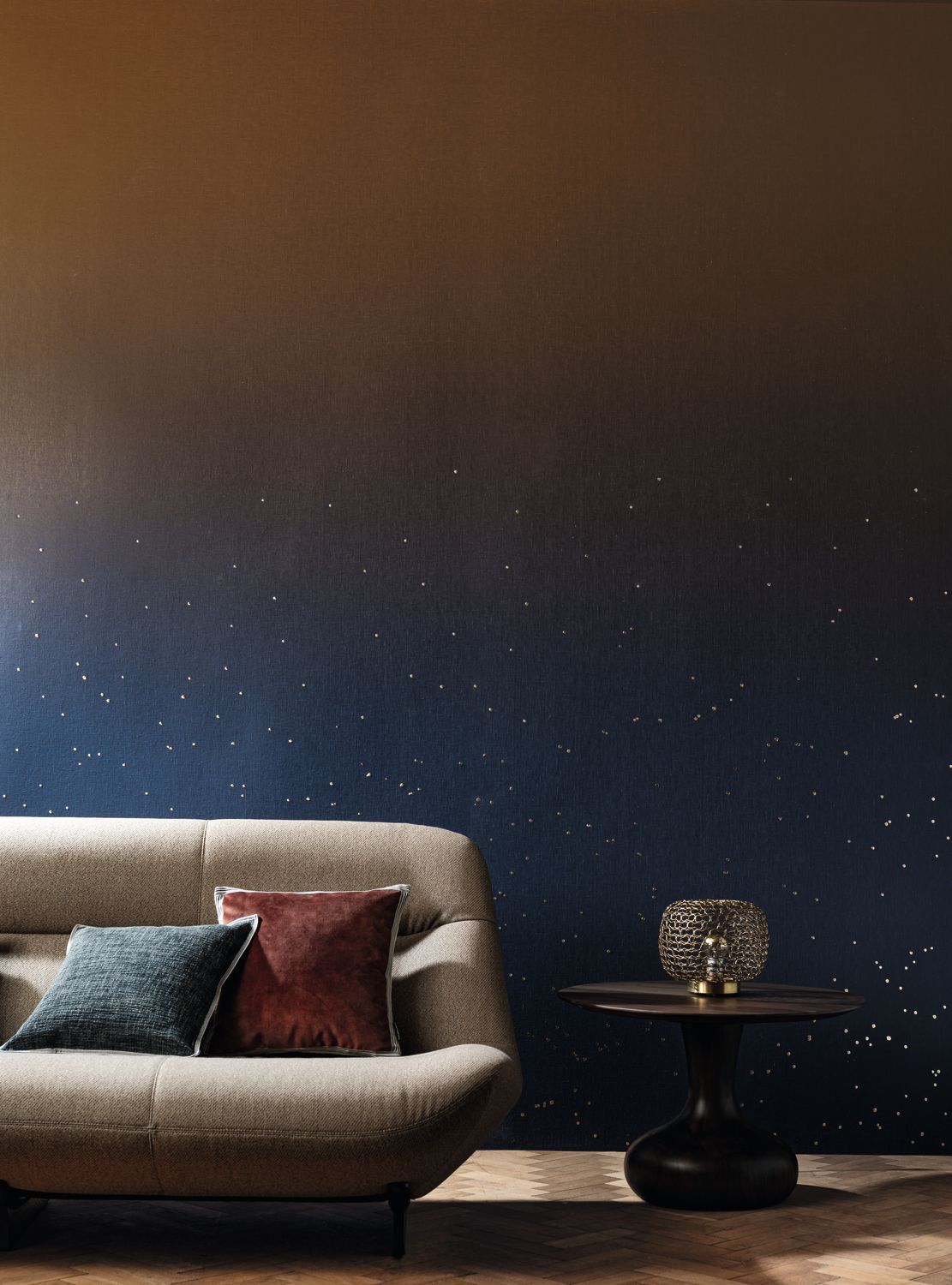 Textile mural gradient with a sky motif ASTRAL SOLAIRE blue with gray