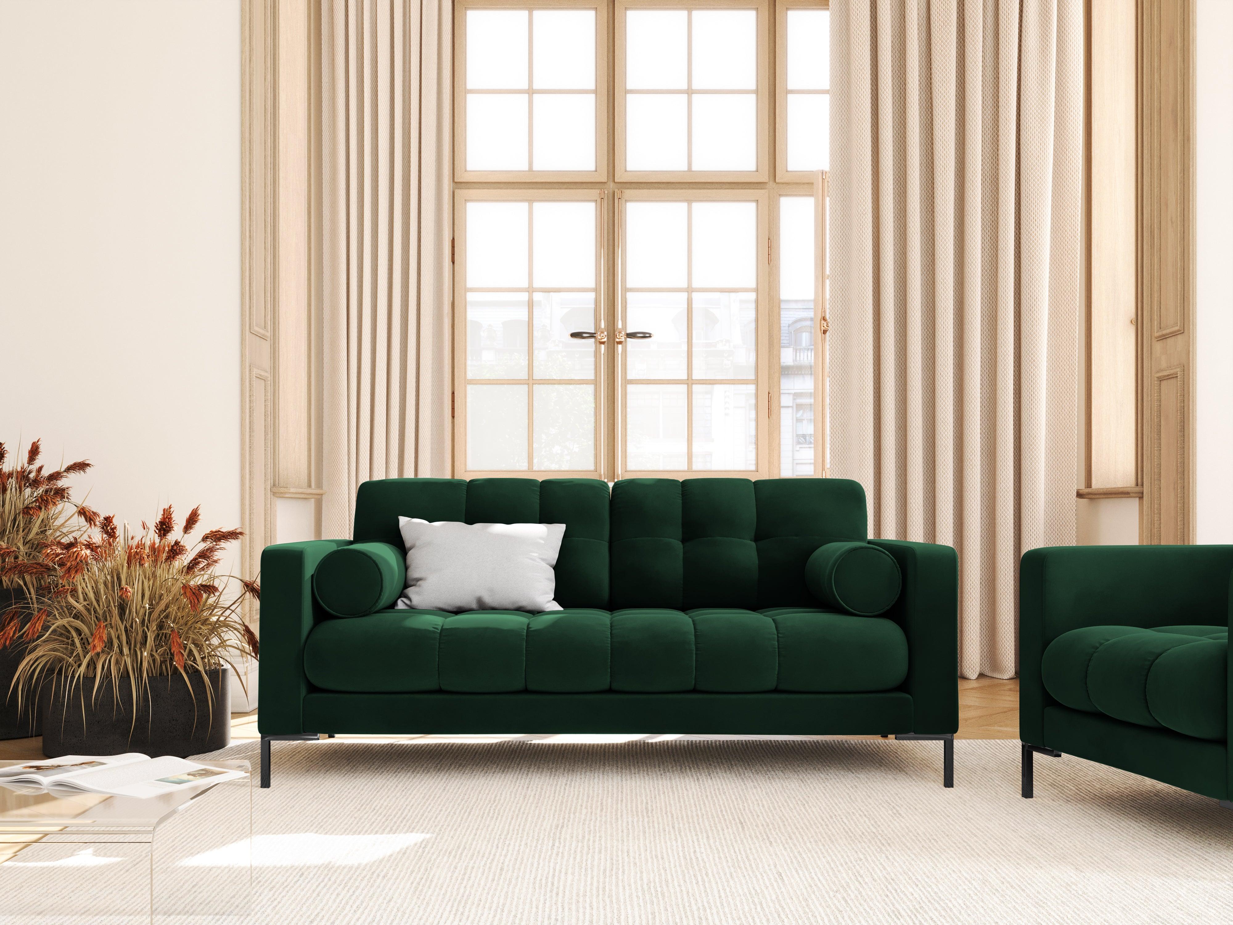 Sofa aksamitna 2-osobowa BALI butelkowa zieleń z czarną podstawą Cosmopolitan Design Eye on Design