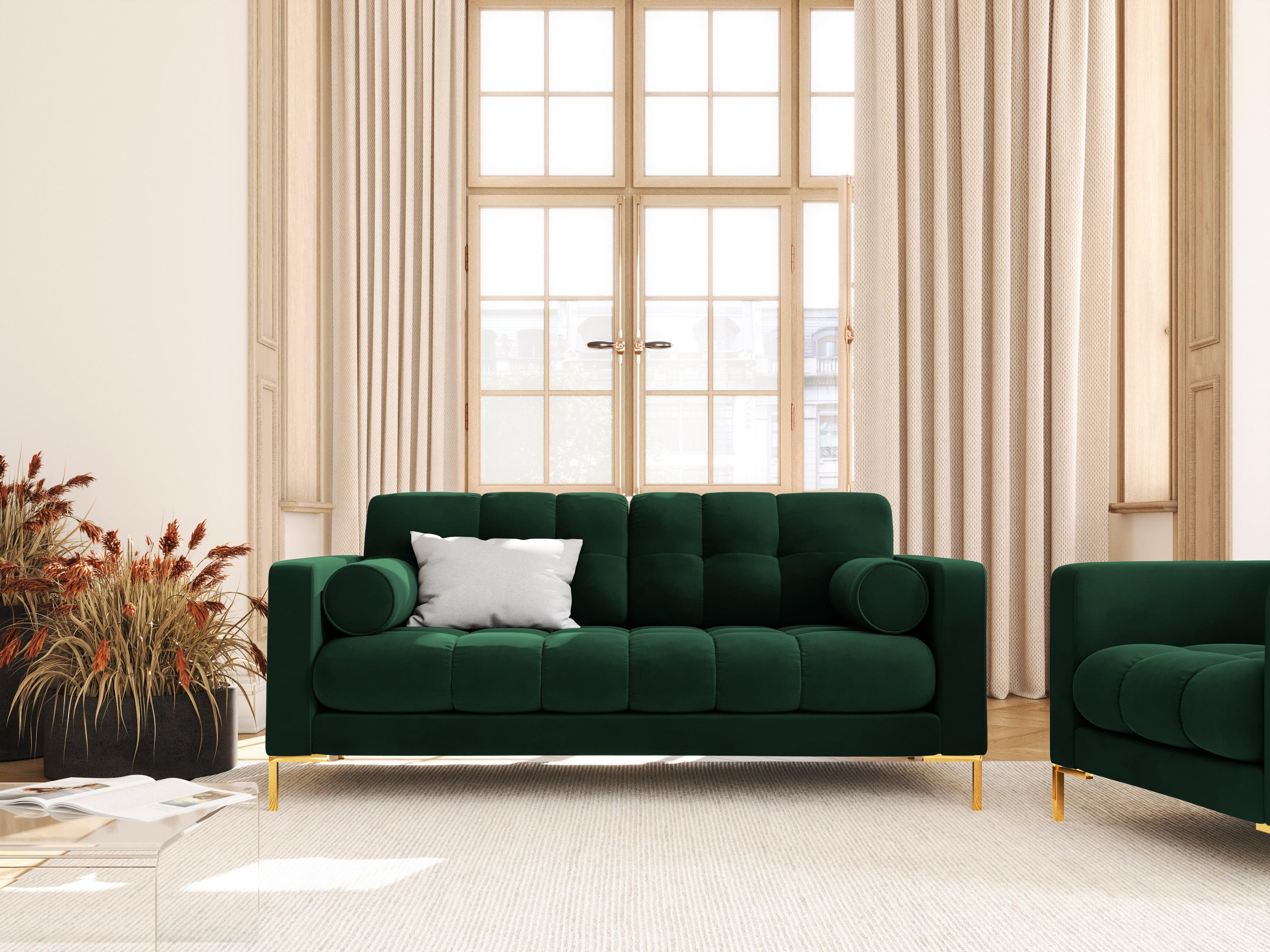 Sofa aksamitna 2-osobowa BALI butelkowa zieleń ze złotą podstawą Cosmopolitan Design Eye on Design