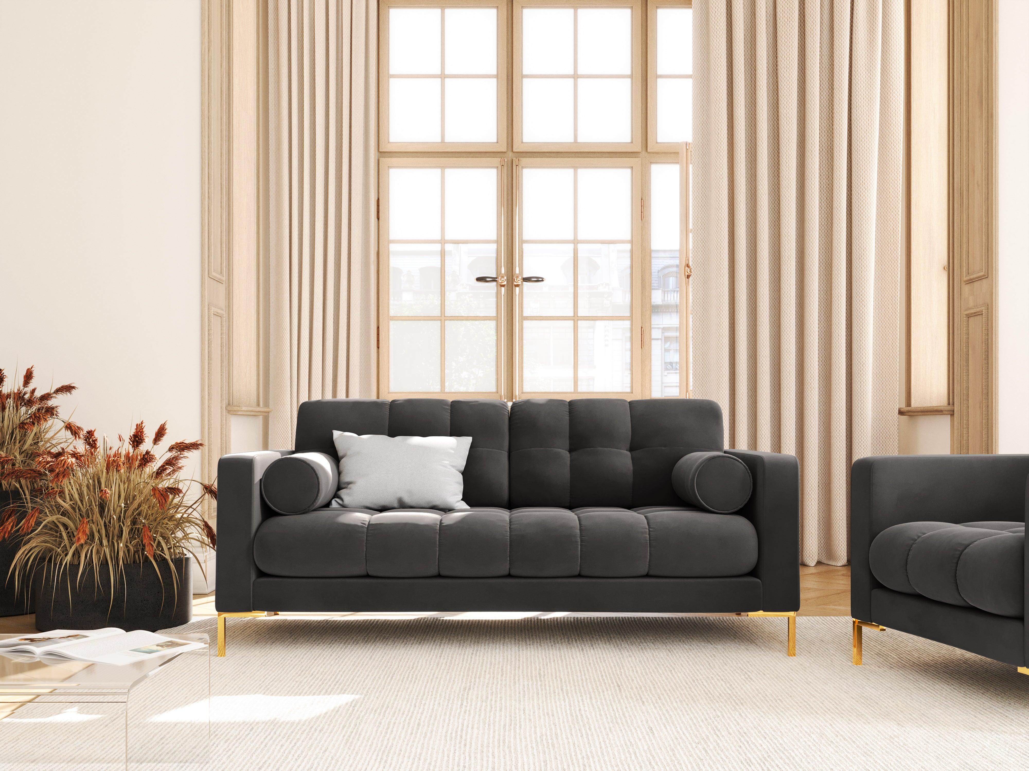 Sofa aksamitna 2-osobowa BALI ciemnoszary ze złotą podstawą Cosmopolitan Design Eye on Design