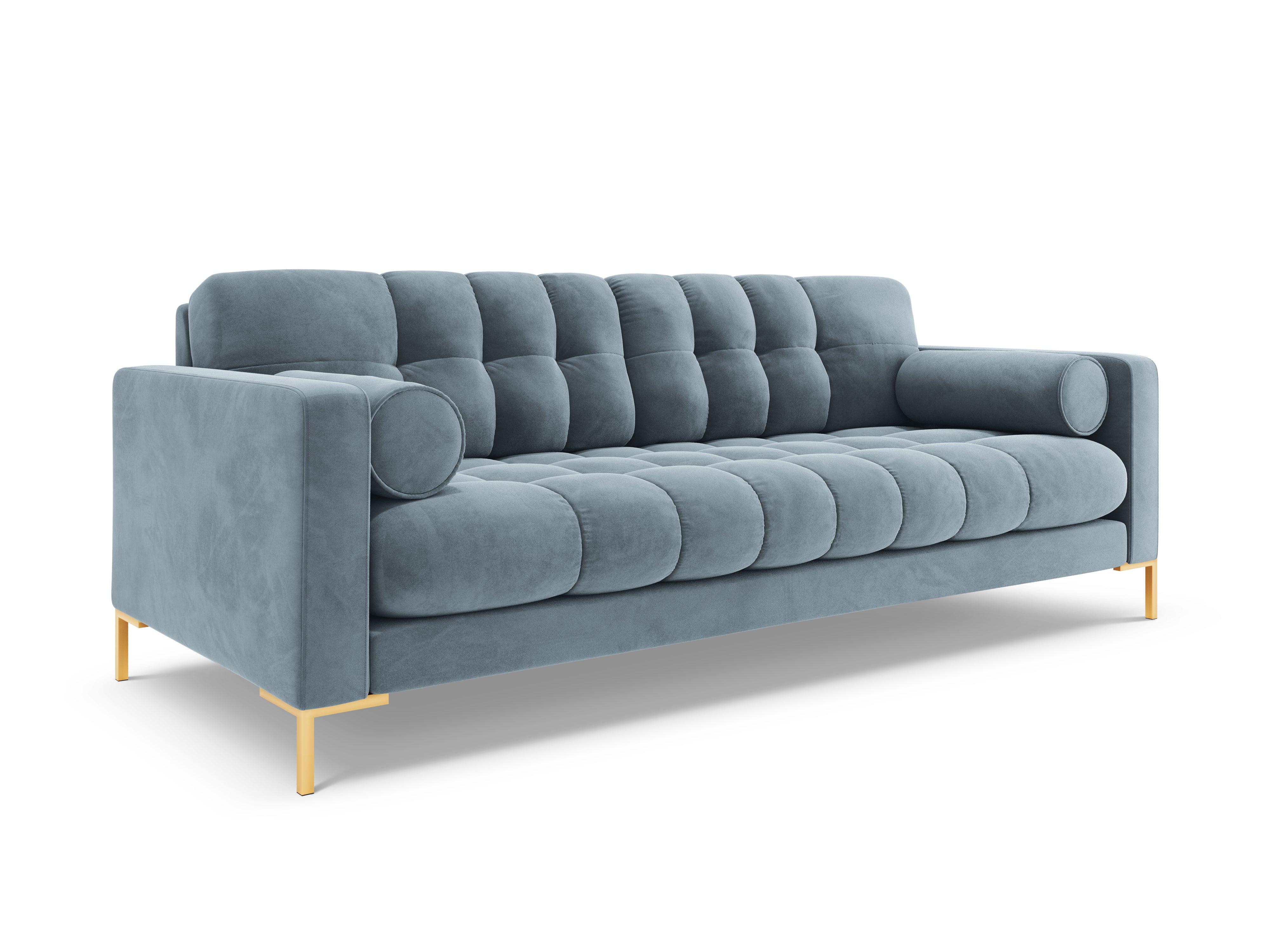 Sofa aksamitna 3-osobowa BALI jasnoniebieski ze złotą podstawą Cosmopolitan Design Eye on Design