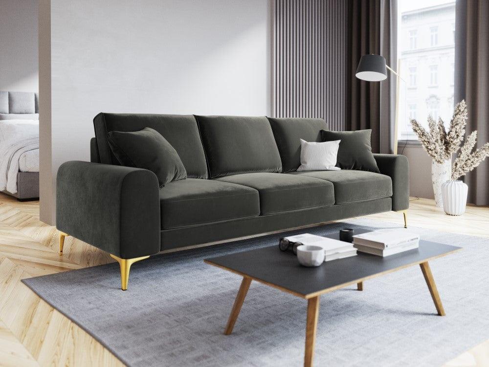 Sofa aksamitna 3-osobowa MADARA ciemnoszary ze złotą podstawą Mazzini Sofas Eye on Design