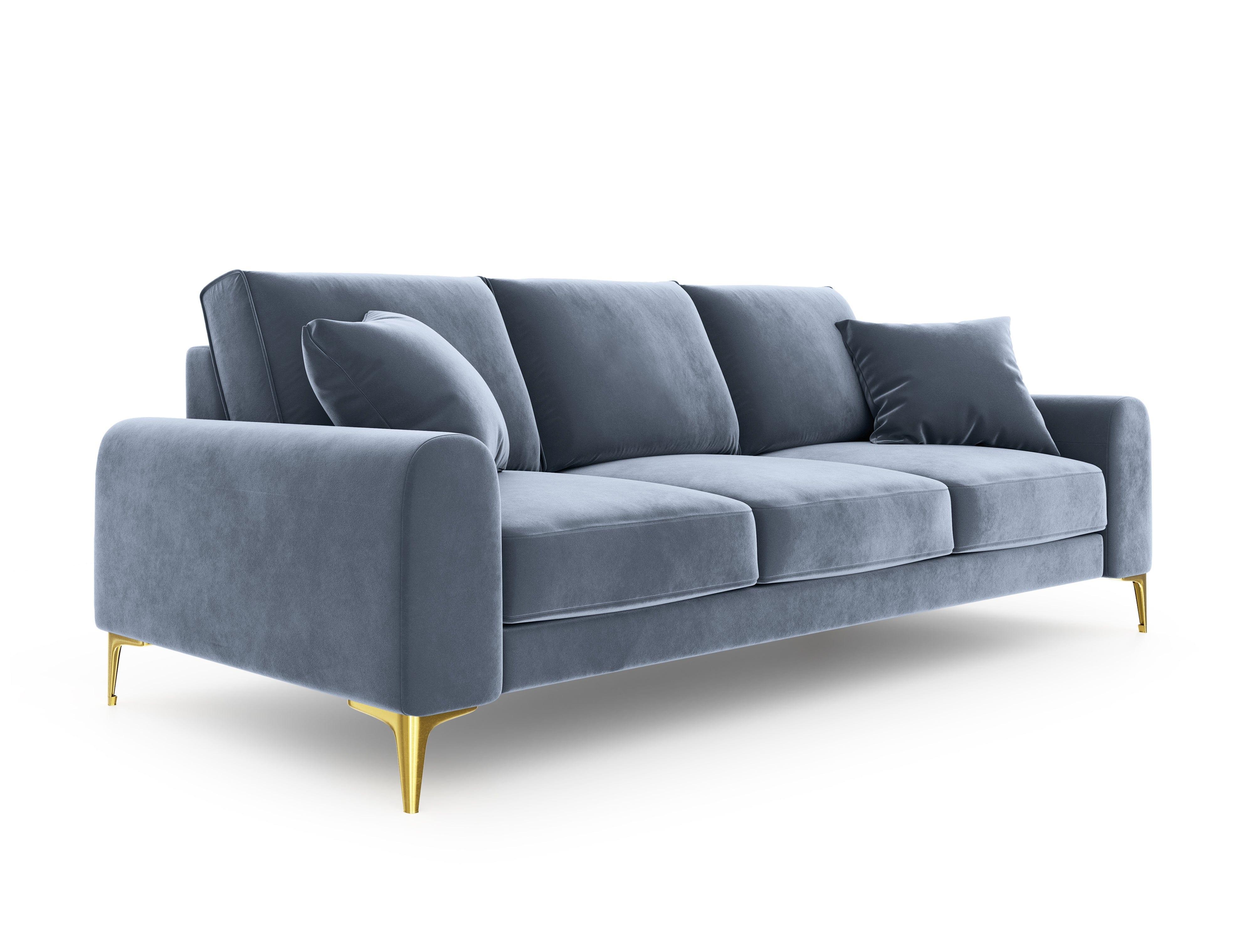 Sofa aksamitna 3-osobowa MADARA jasnoniebieski ze złotą podstawą Mazzini Sofas Eye on Design