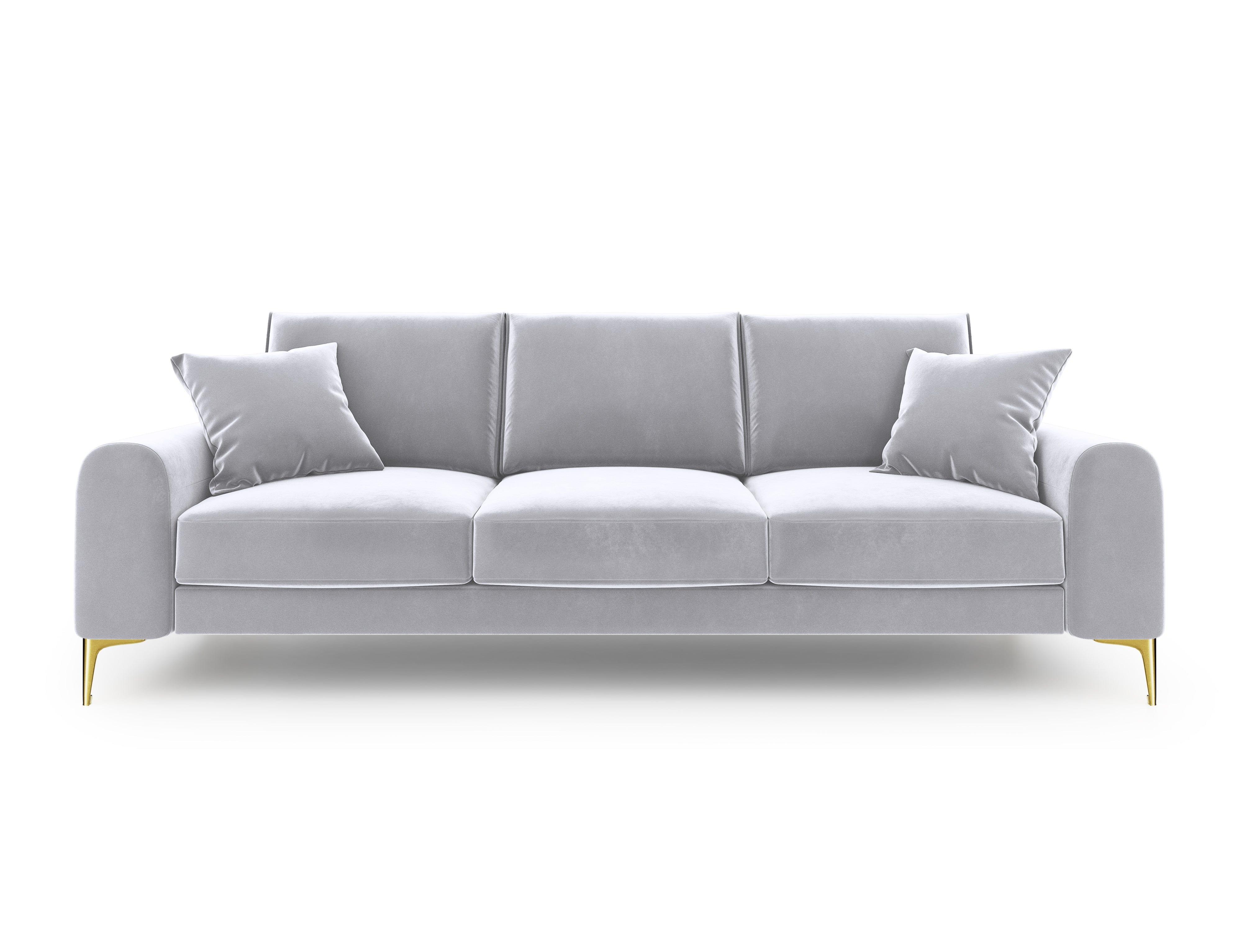 Sofa aksamitna 3-osobowa MADARA srebrny ze złotą podstawą Mazzini Sofas Eye on Design
