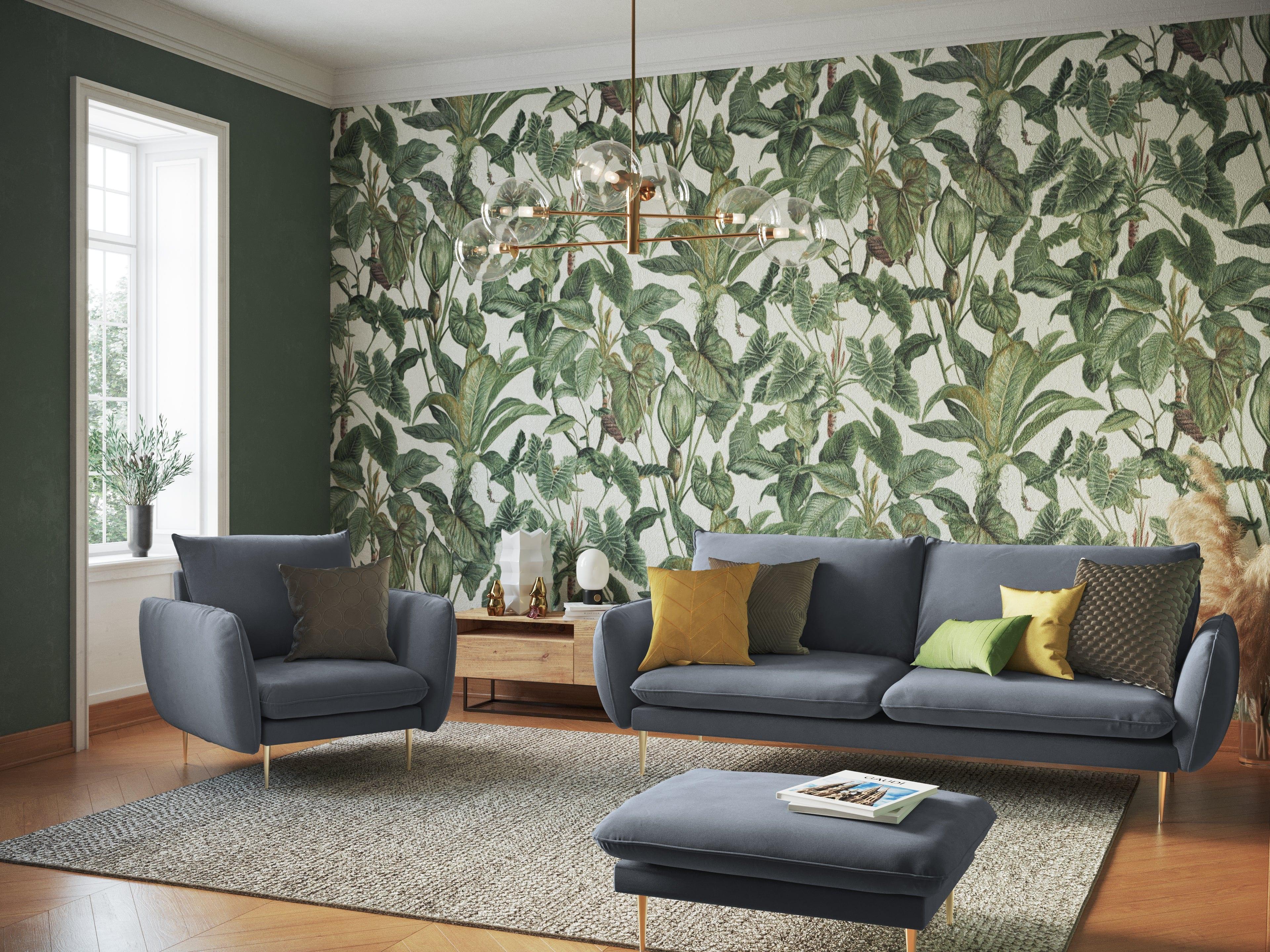 Sofa aksamitna 3-osobowa VIENNA szary ze złotą podstawą Cosmopolitan Design Eye on Design
