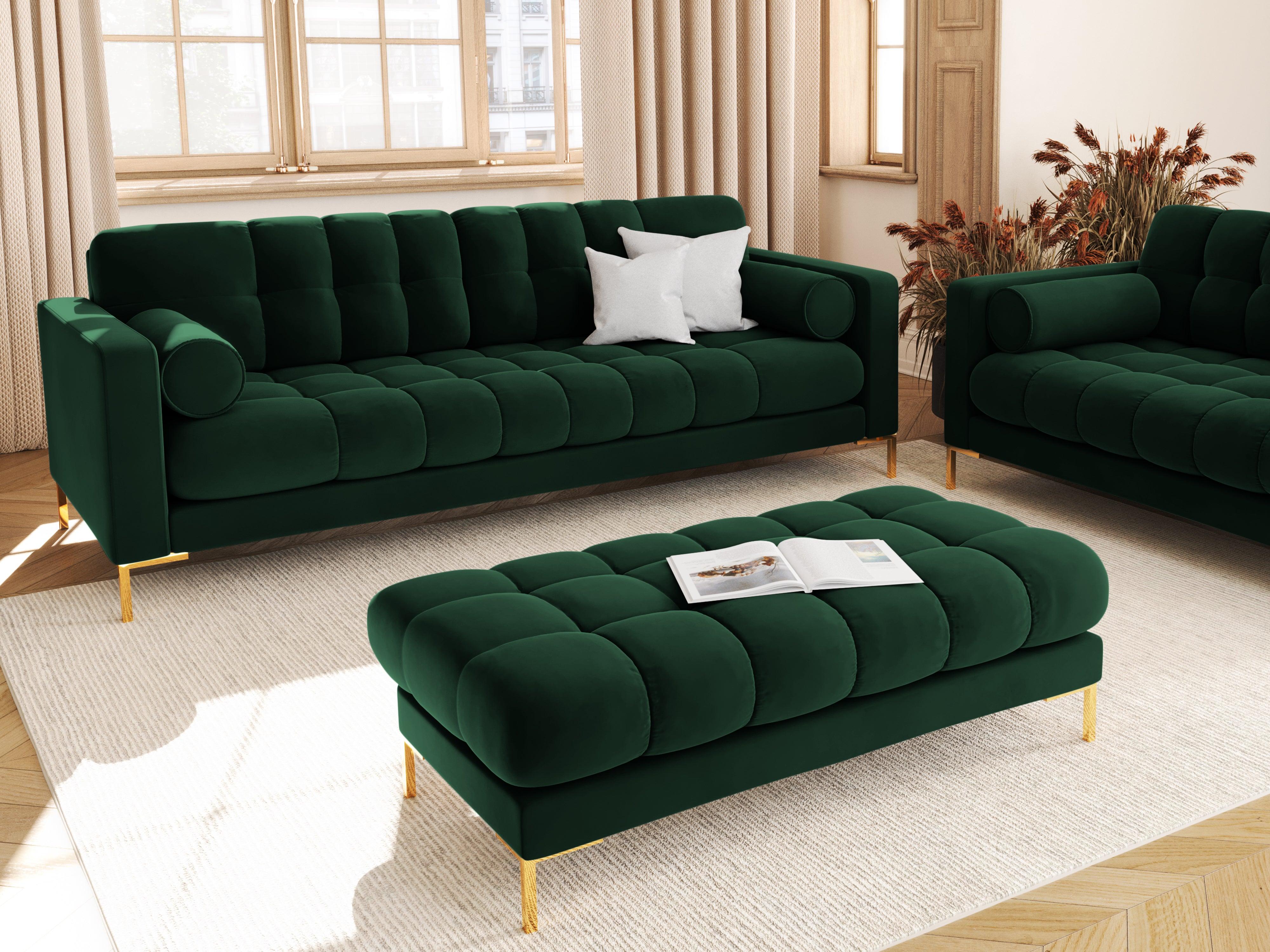 Sofa aksamitna 4-osobowa BALI butelkowa zieleń ze złotą podstawą Cosmopolitan Design Eye on Design