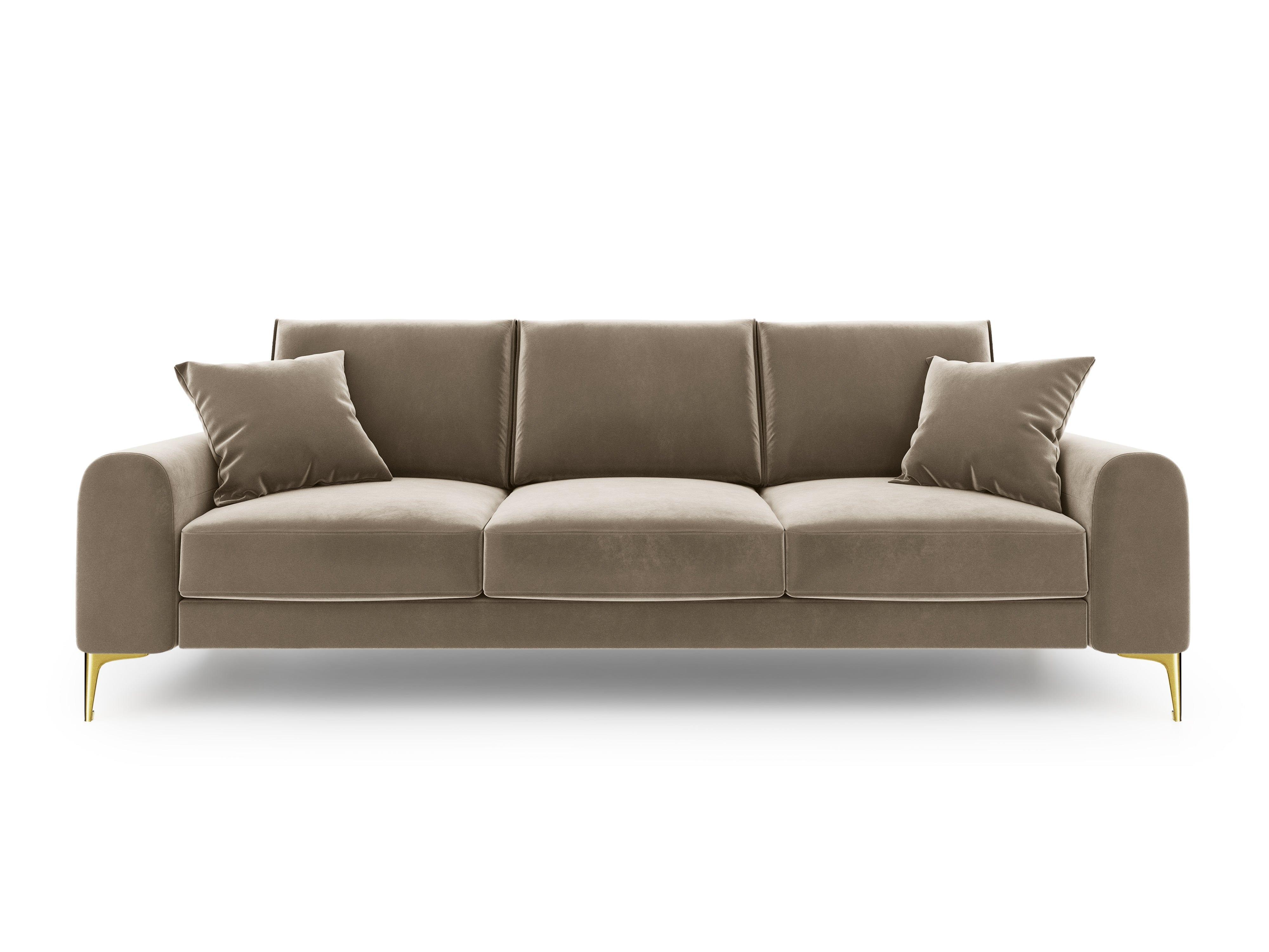 Sofa aksamitna 4-osobowa MADARA cappuccino ze złotą podstawą Mazzini Sofas Eye on Design