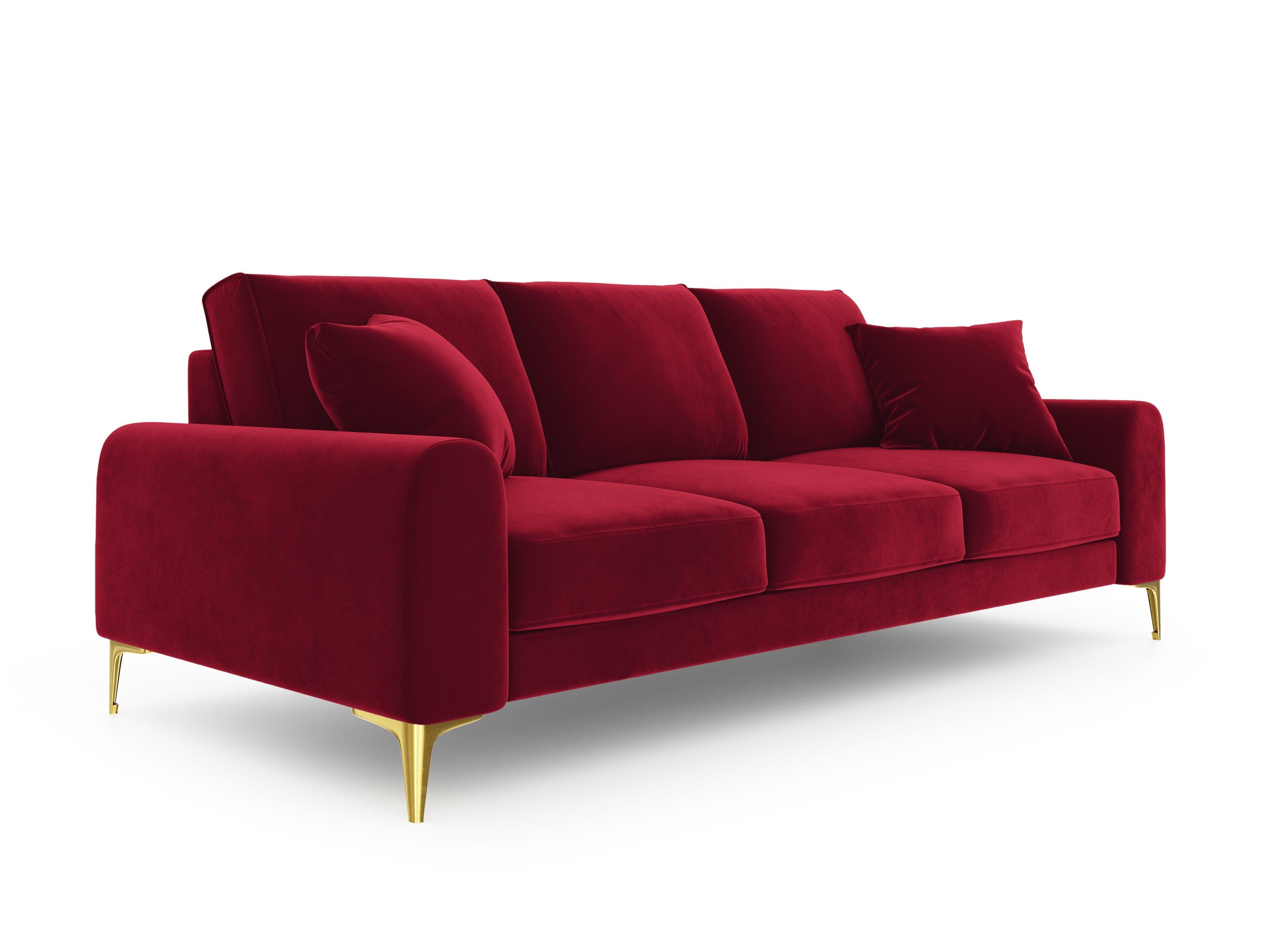 Sofa aksamitna 4-osobowa MADARA czerwony ze złotą podstawą Mazzini Sofas Eye on Design