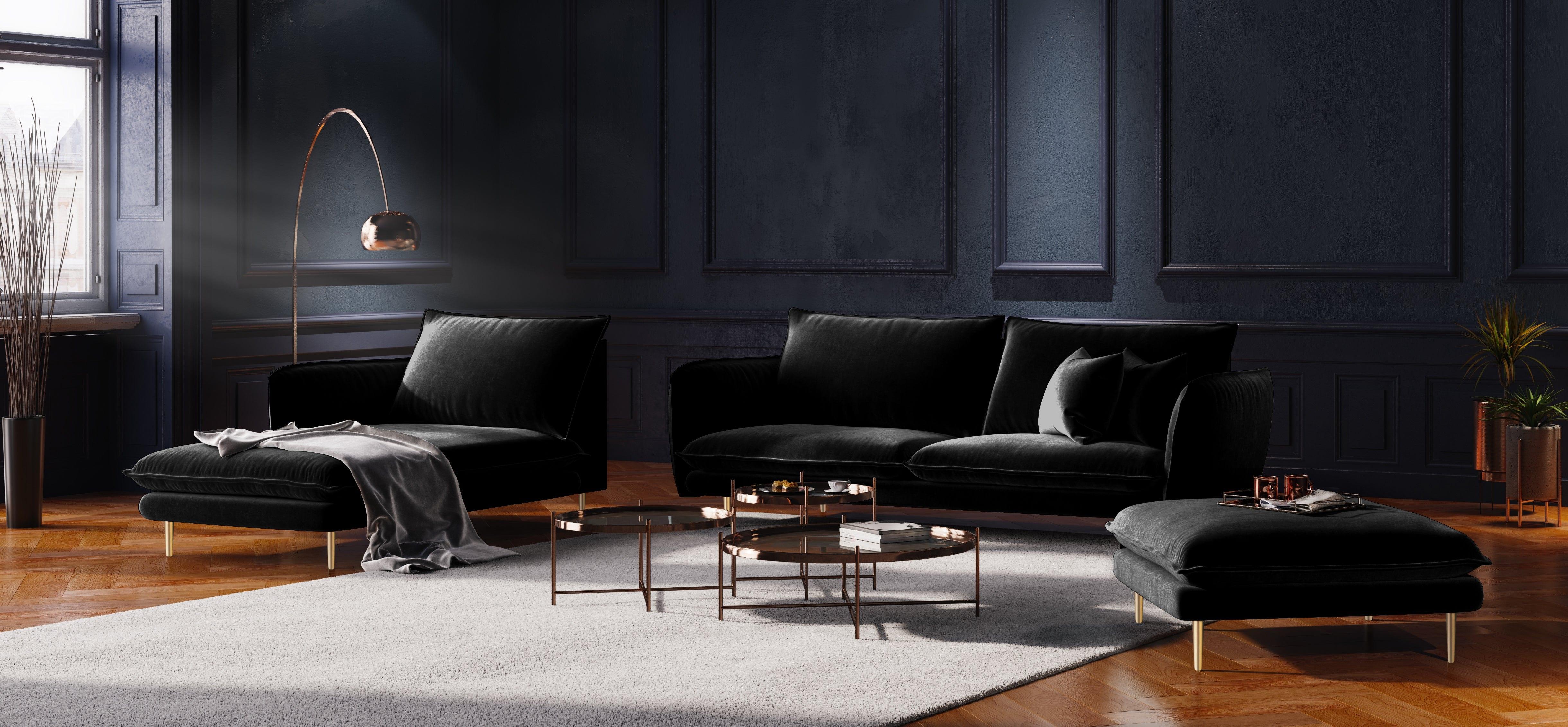 Sofa aksamitna 4-osobowa VIENNA czarny ze złotą podstawą Cosmopolitan Design Eye on Design