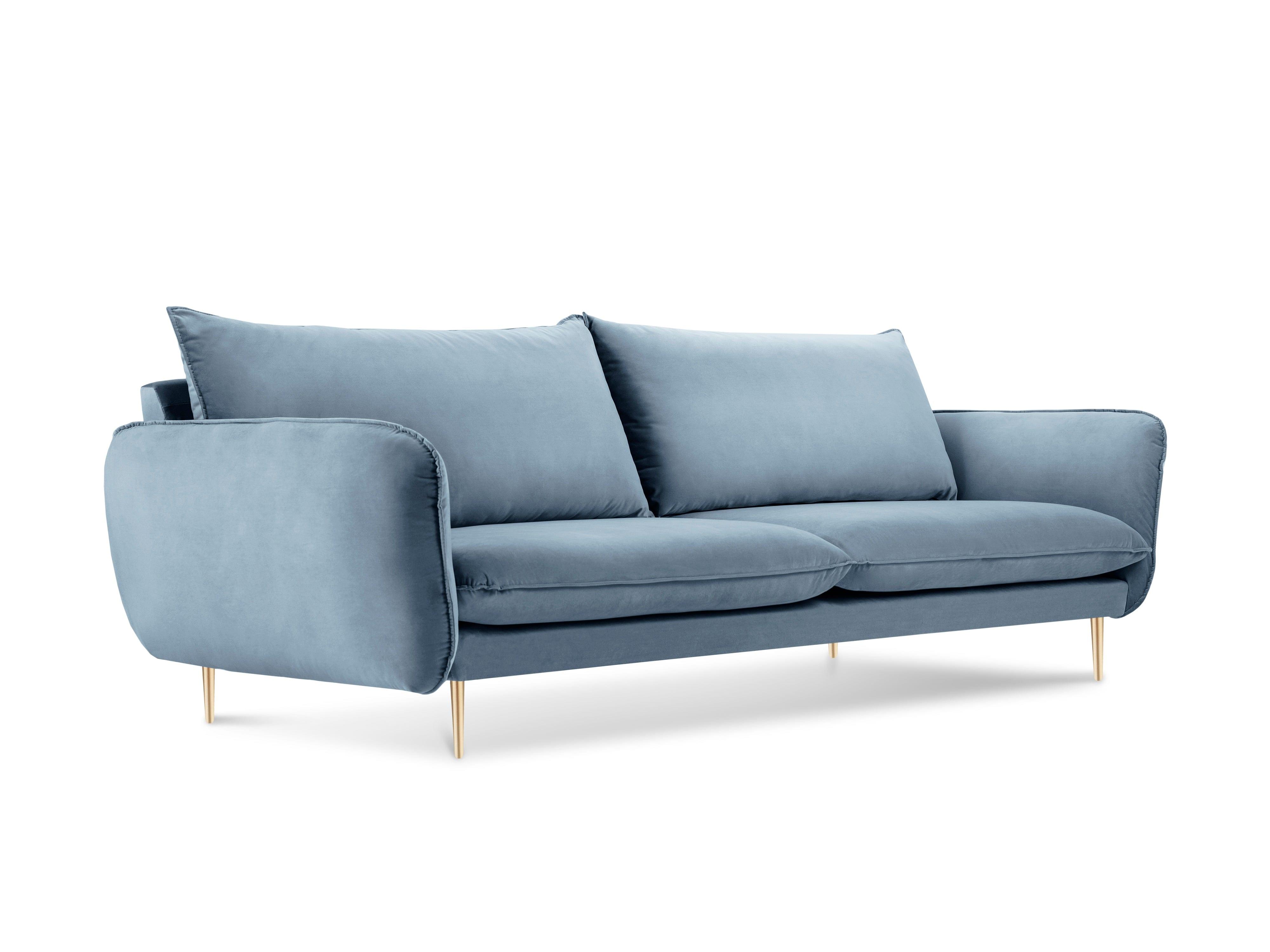 Sofa aksamitna 4-osobowa VIENNA jasnoniebieski ze złotą podstawą Cosmopolitan Design Eye on Design