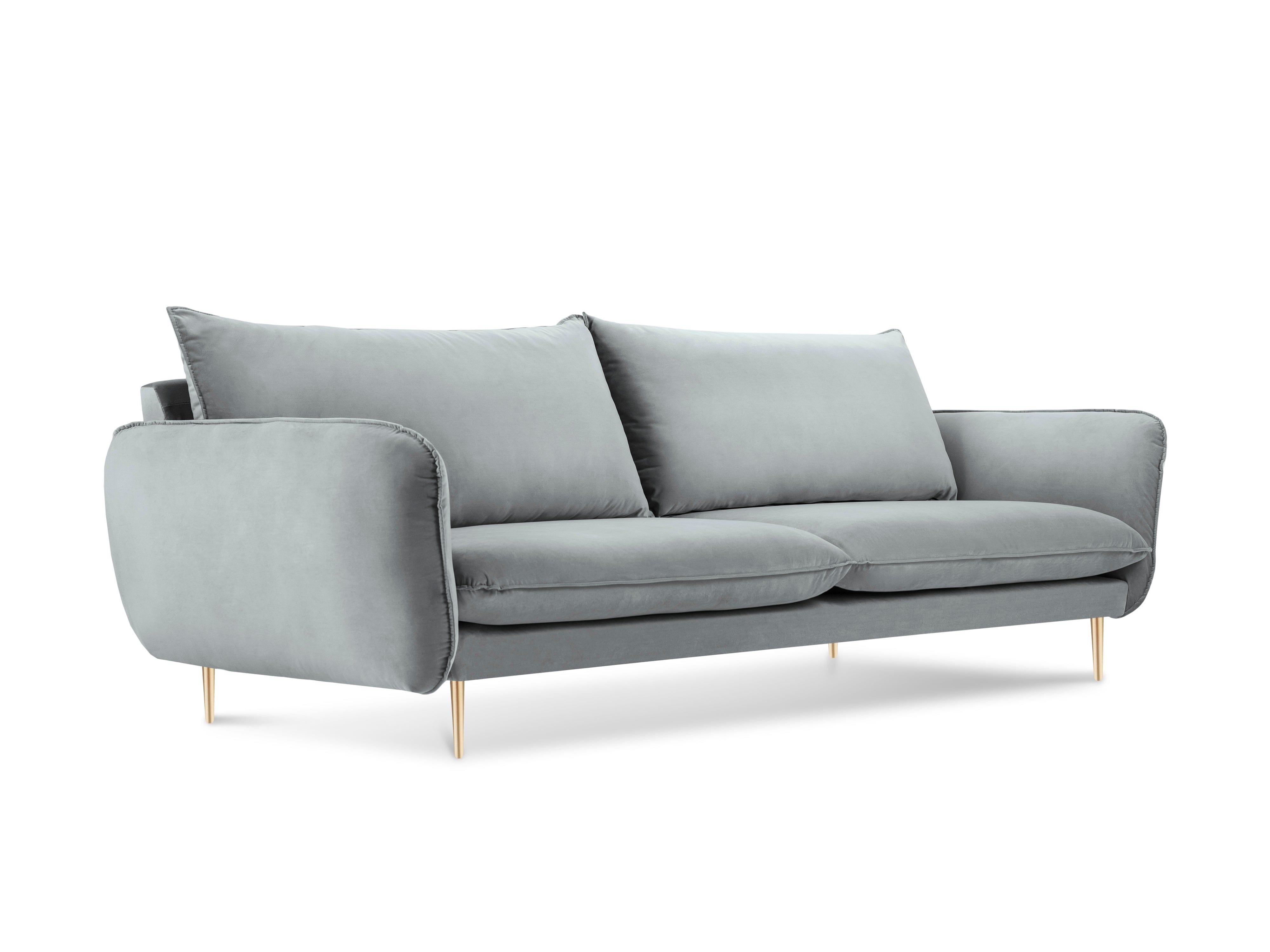 Sofa aksamitna 4-osobowa VIENNA jasnoszary ze złotą podstawą Cosmopolitan Design Eye on Design