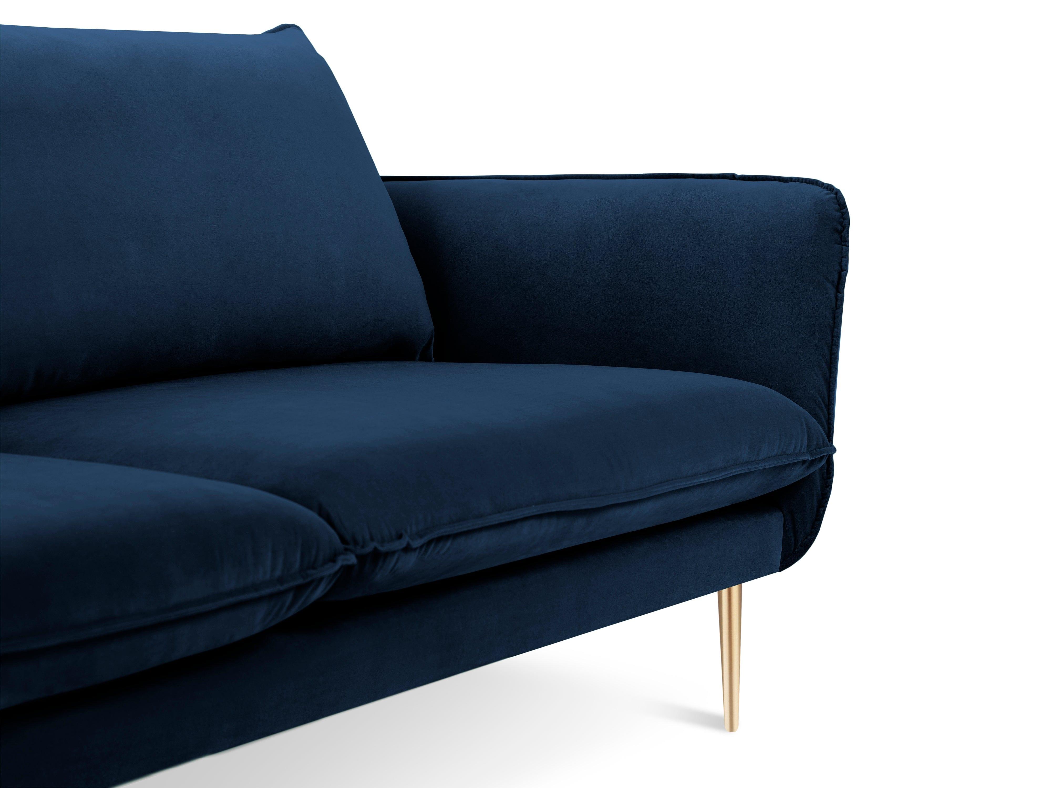 Sofa aksamitna 4-osobowa VIENNA niebieski ze złotą podstawą Cosmopolitan Design Eye on Design
