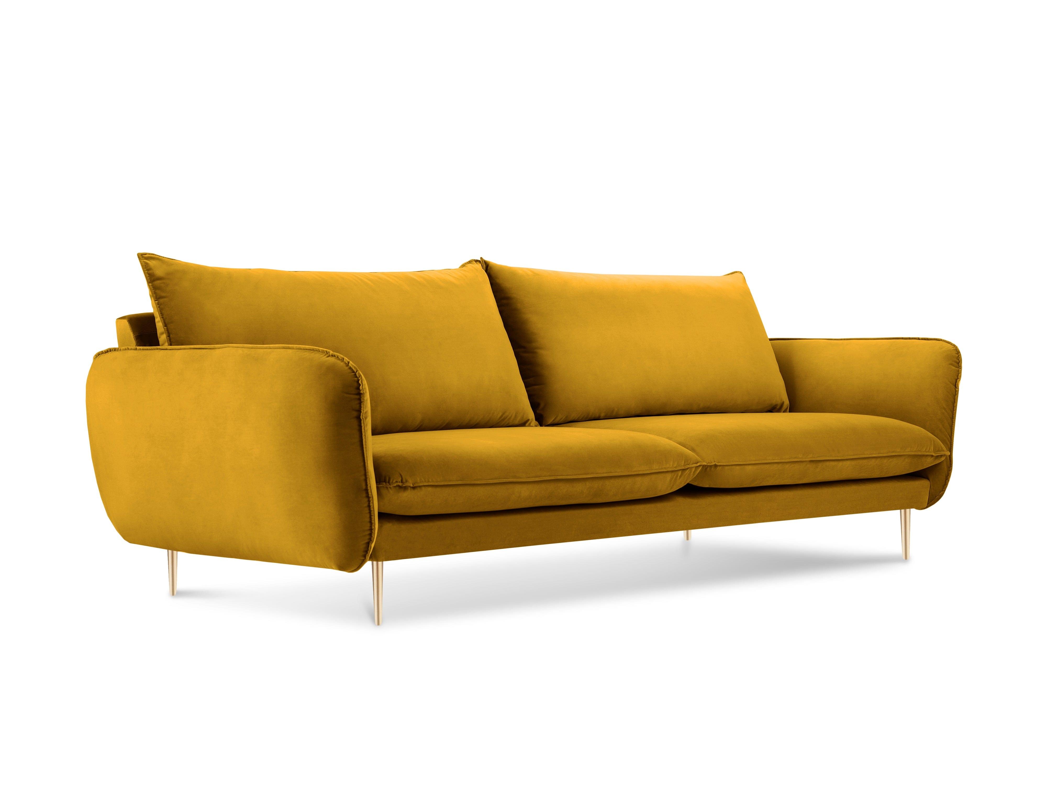 Sofa aksamitna 4-osobowa VIENNA żółty ze złotą podstawą Cosmopolitan Design Eye on Design
