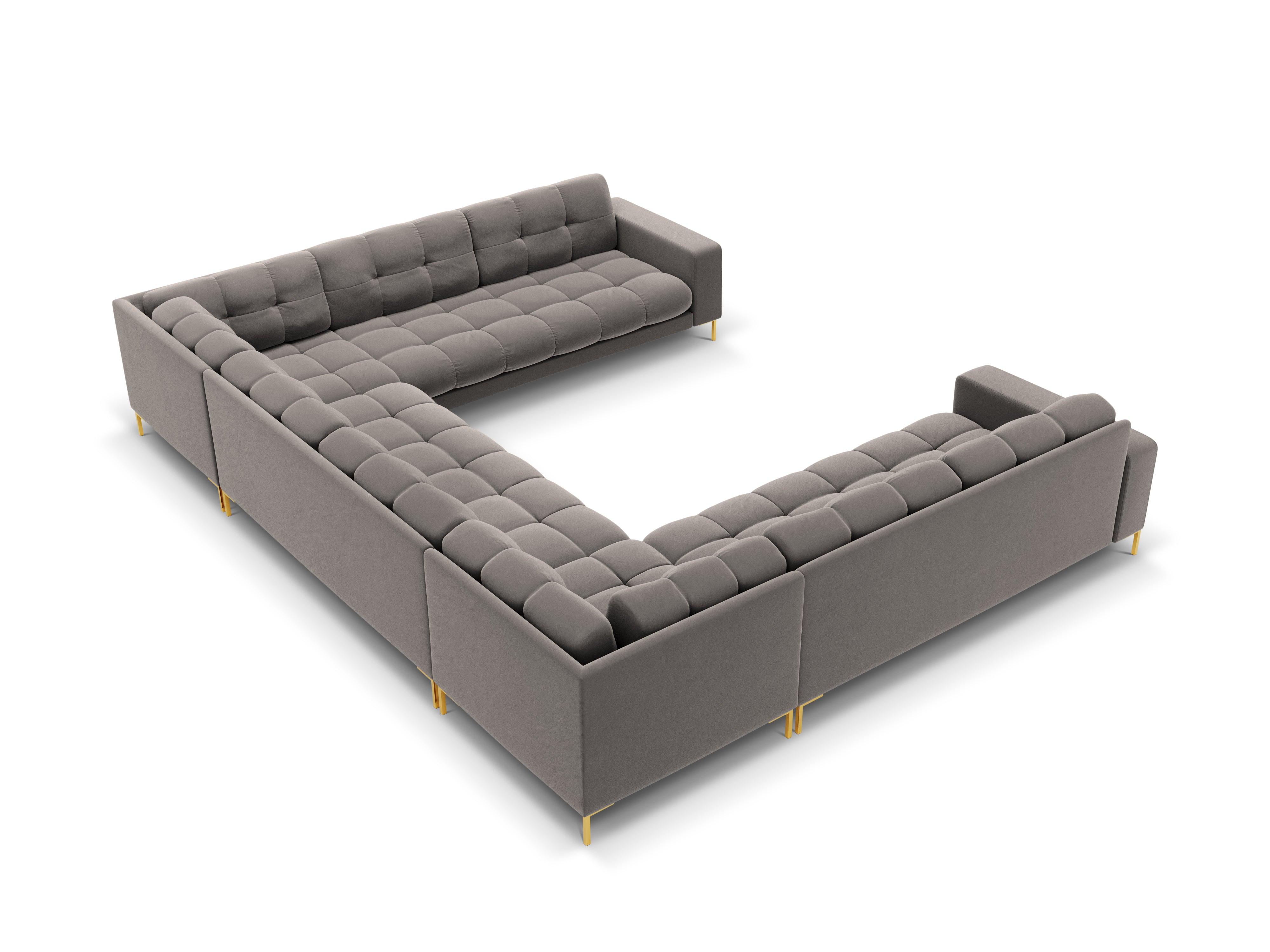 Sofa aksamitna panoramiczna 9-osobowa BALI jasnoszary ze złotą podstawą Cosmopolitan Design Eye on Design