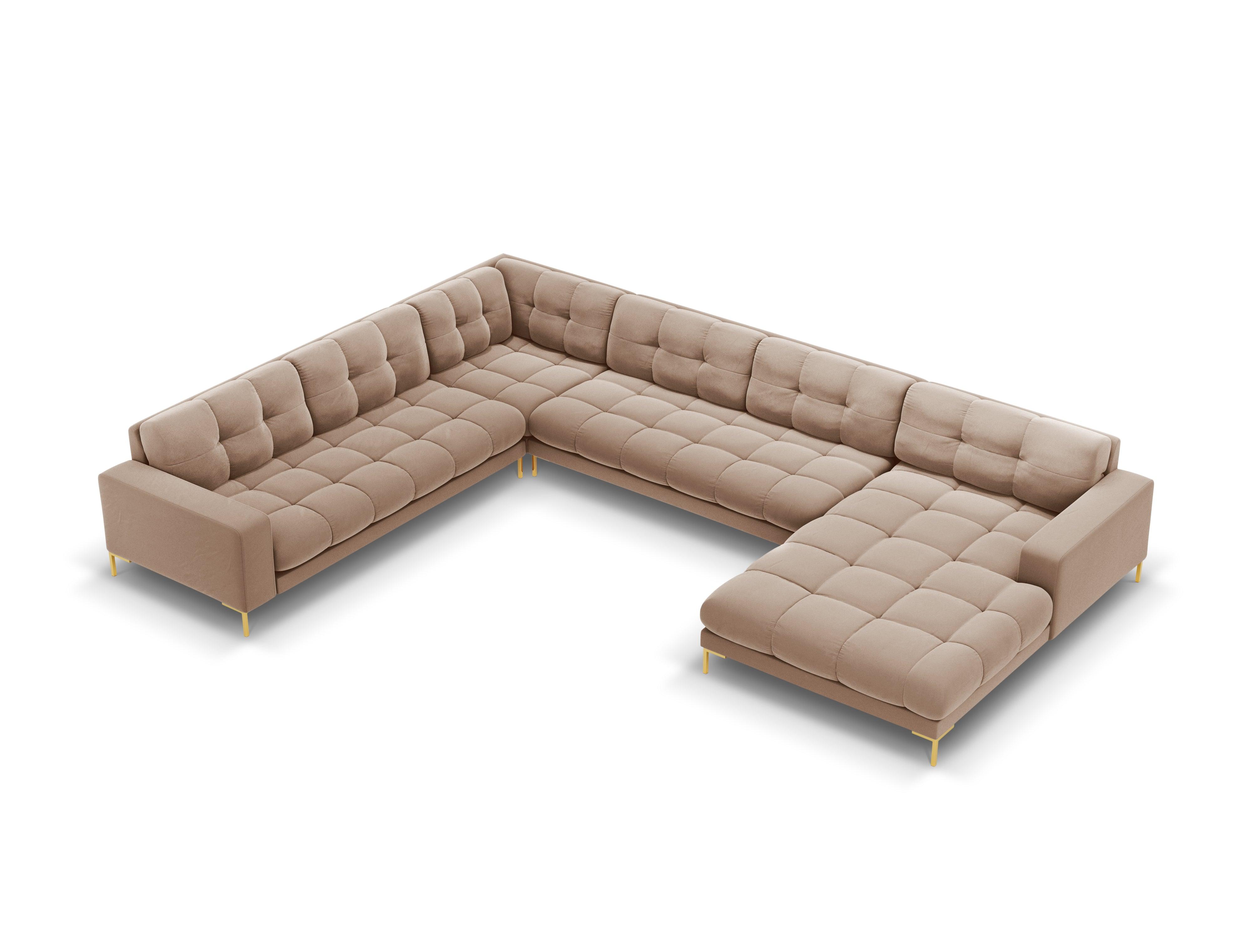 Sofa aksamitna panoramiczna lewostronna 7-osobowa BALI beżowy ze złotą podstawą Cosmopolitan Design Eye on Design