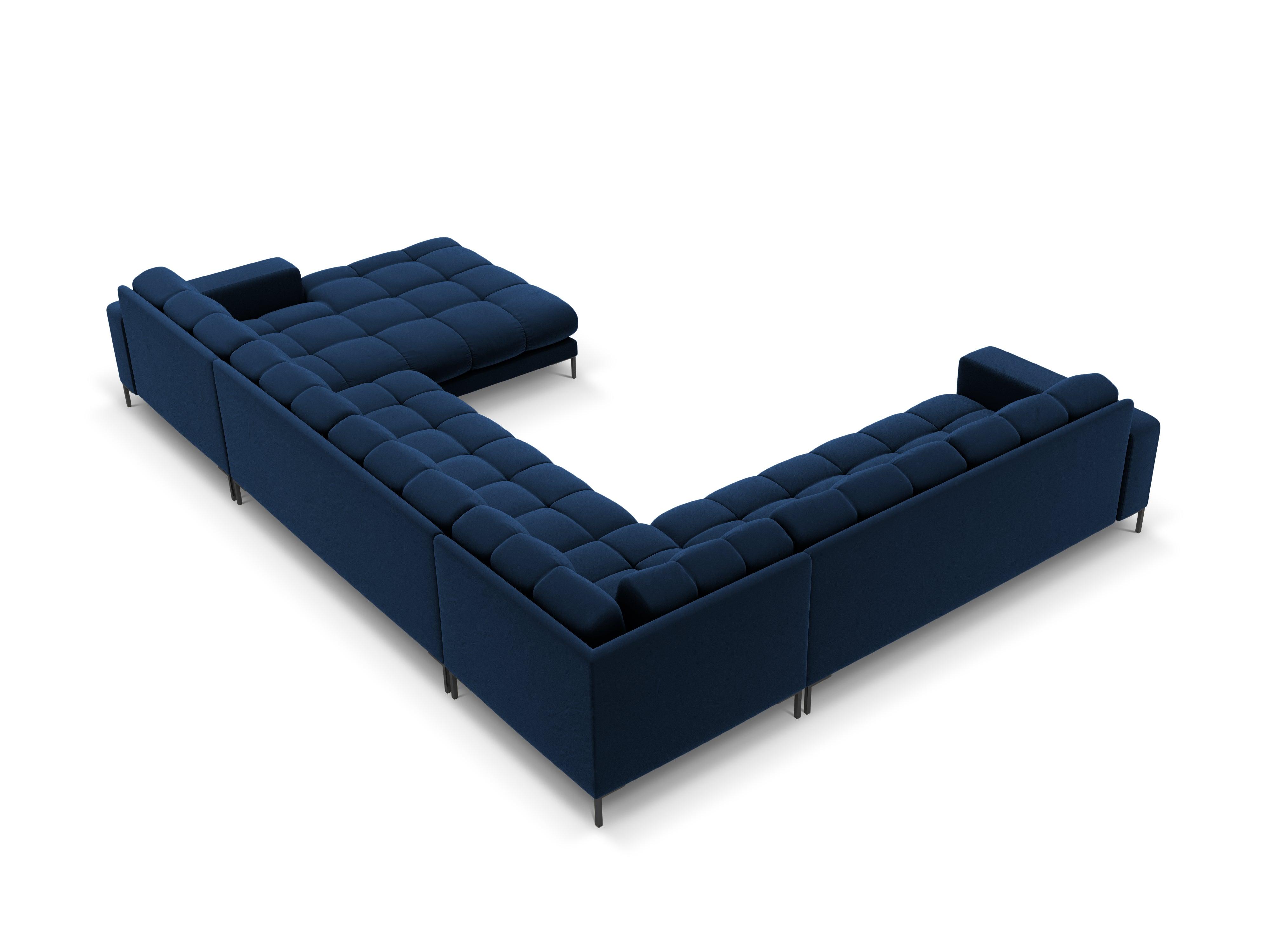 Sofa aksamitna panoramiczna lewostronna 7-osobowa BALI granat królewski z czarną podstawą Cosmopolitan Design Eye on Design