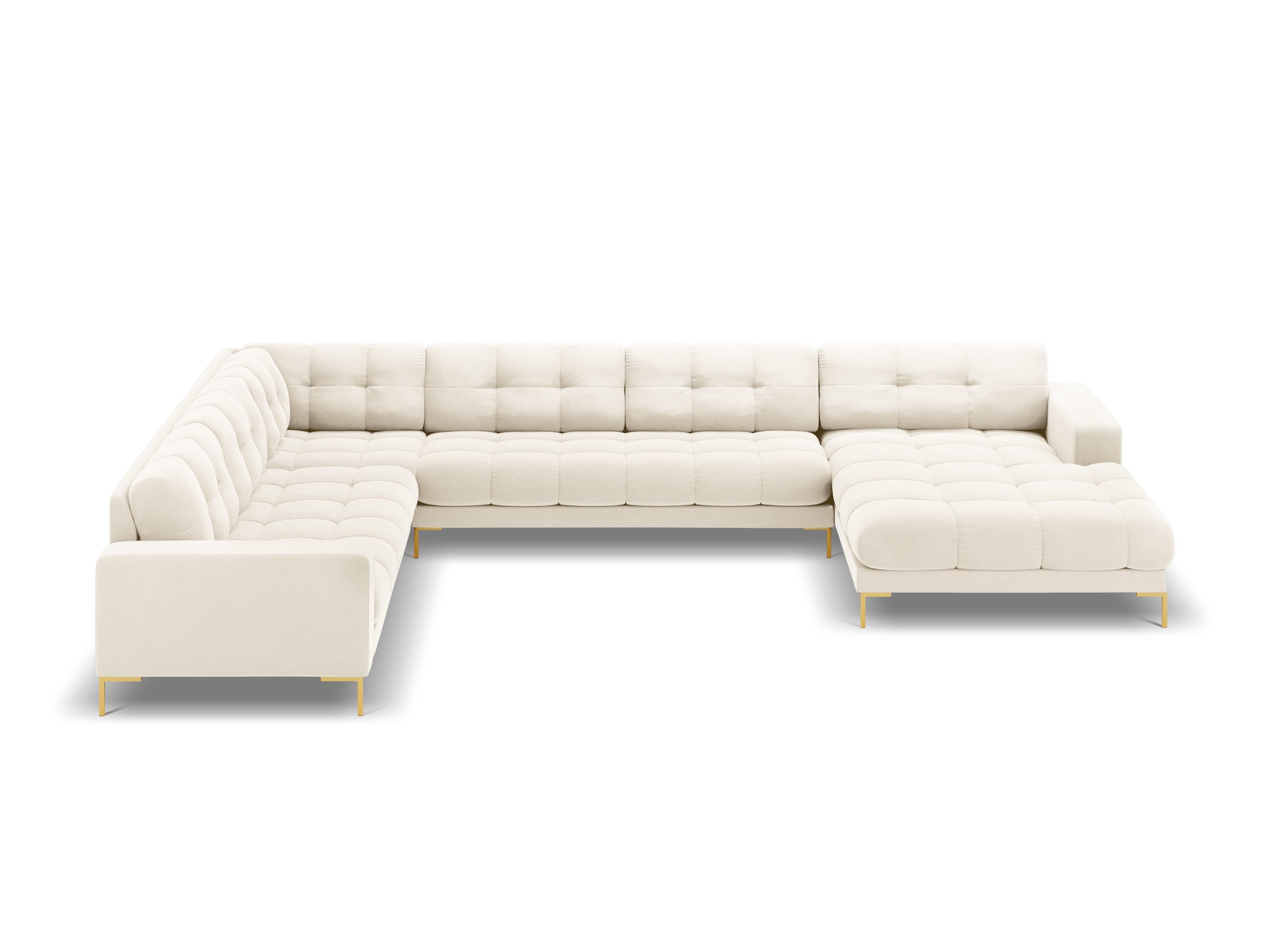 Sofa aksamitna panoramiczna lewostronna 7-osobowa BALI jasnobeżowy ze złotą podstawą Cosmopolitan Design Eye on Design