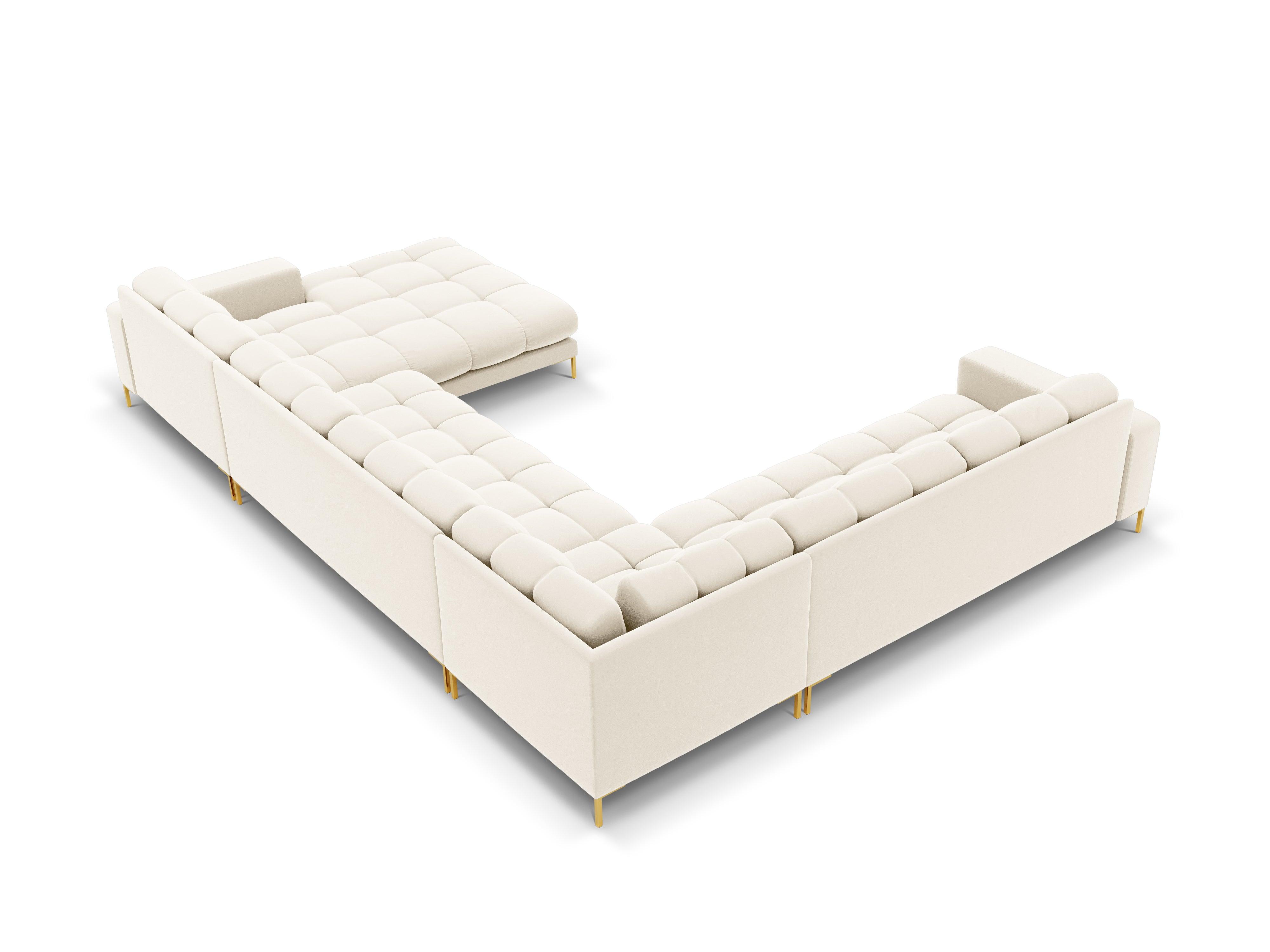 Sofa aksamitna panoramiczna lewostronna 7-osobowa BALI jasnobeżowy ze złotą podstawą Cosmopolitan Design Eye on Design