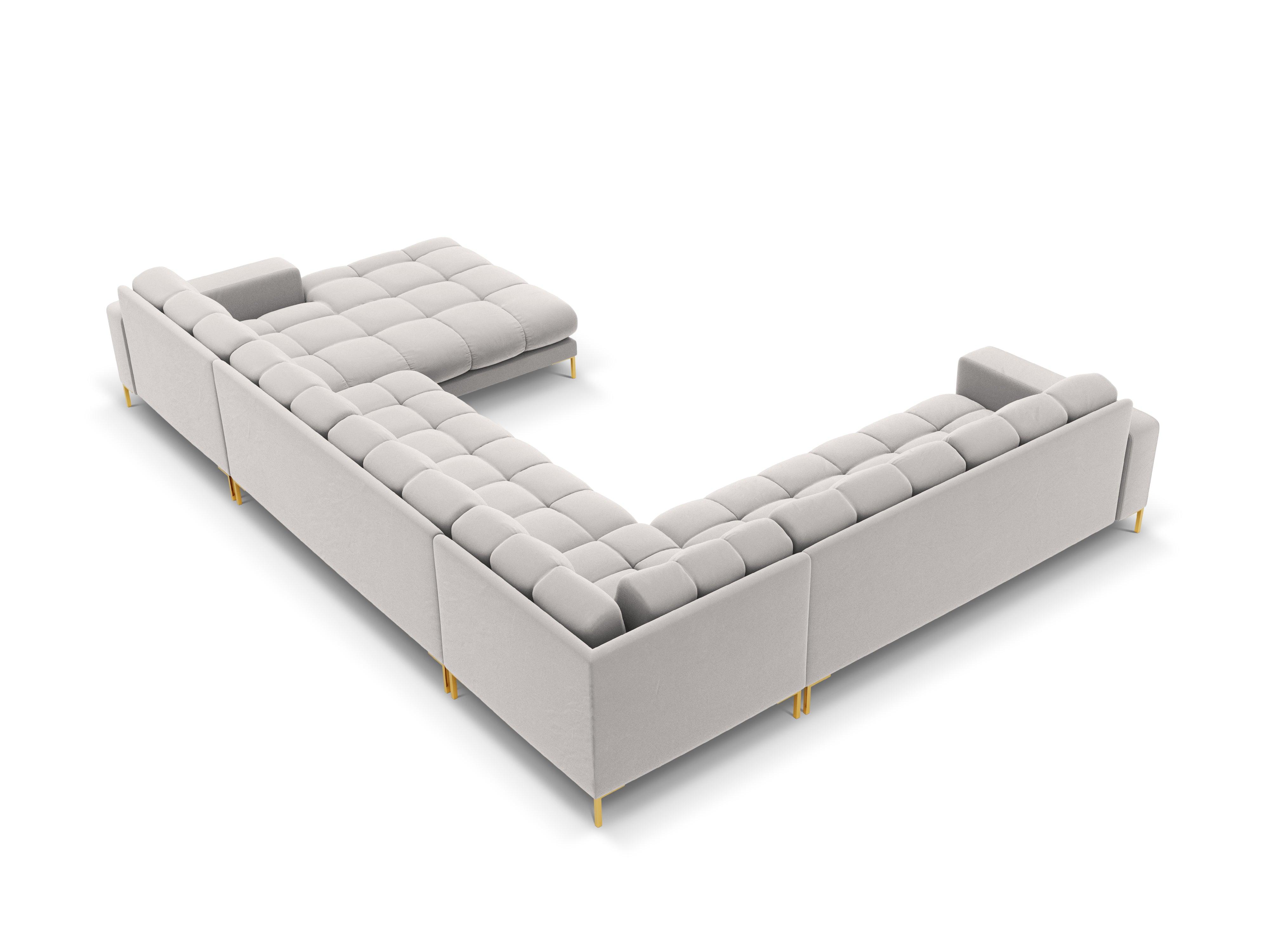Sofa aksamitna panoramiczna lewostronna 7-osobowa BALI srebrny ze złotą podstawą Cosmopolitan Design Eye on Design
