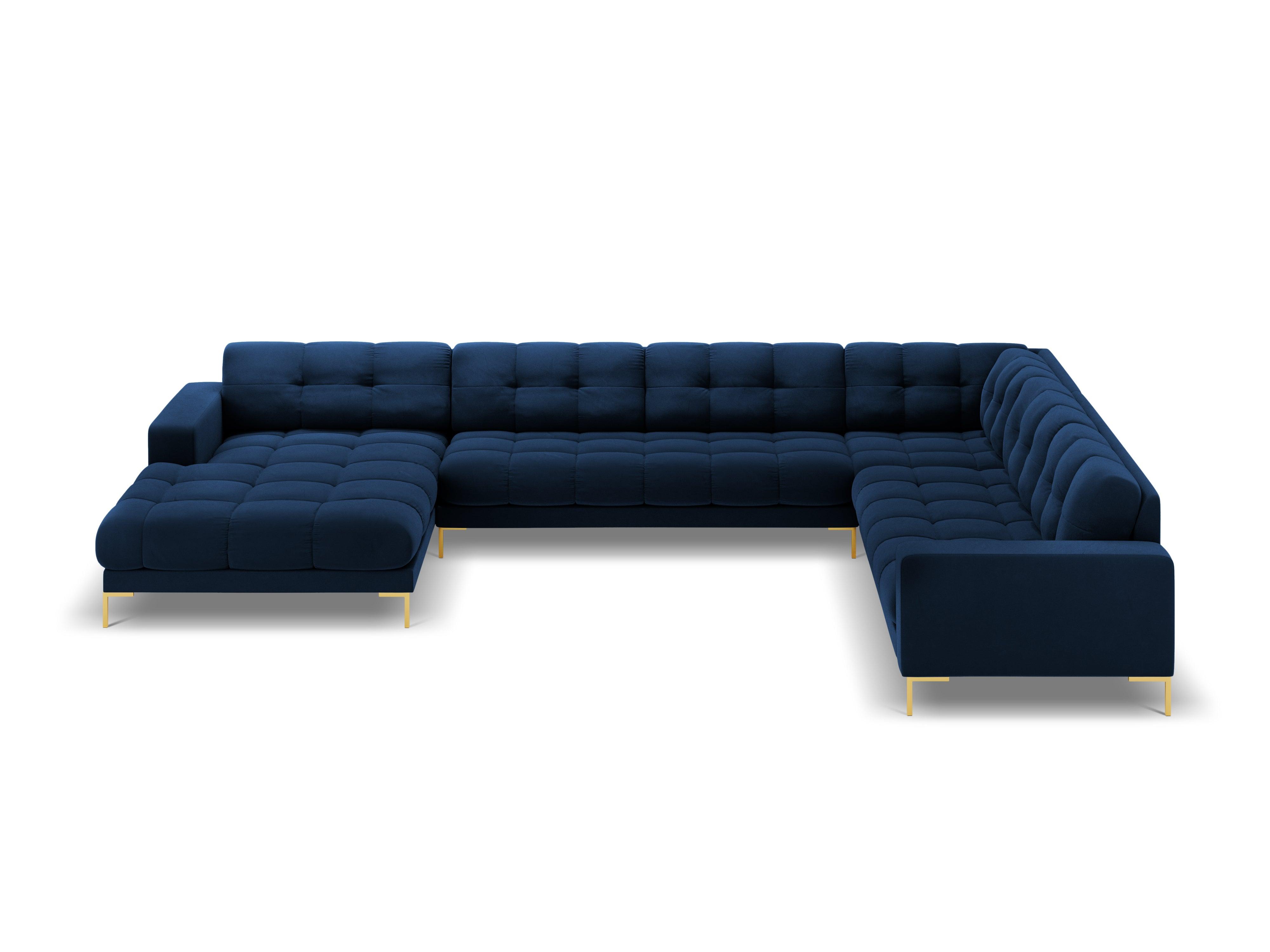 Sofa aksamitna panoramiczna prawostronna 7-osobowa BALI granat królewski ze złotą podstawą Cosmopolitan Design Eye on Design