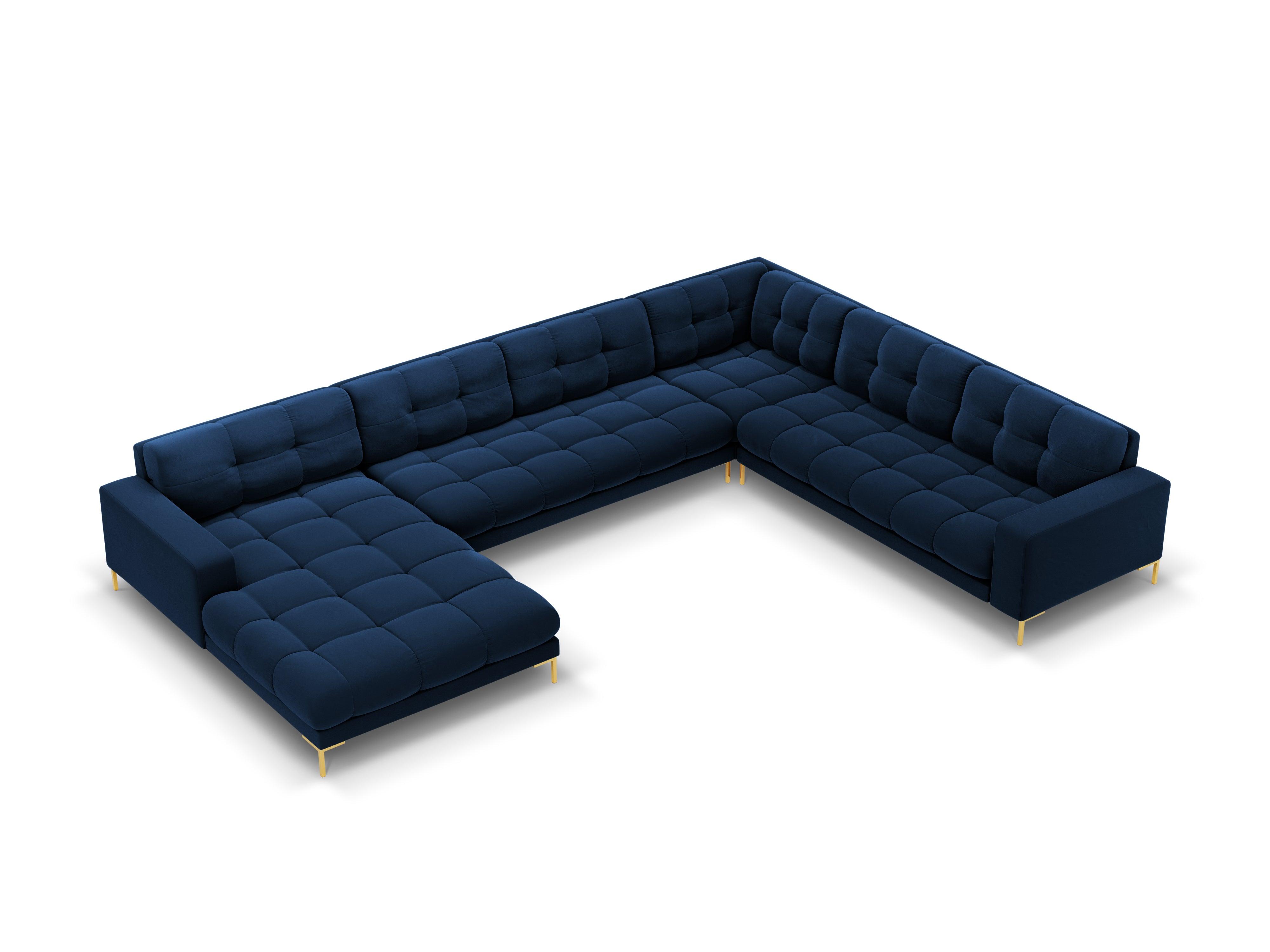 Sofa aksamitna panoramiczna prawostronna 7-osobowa BALI granat królewski ze złotą podstawą Cosmopolitan Design Eye on Design