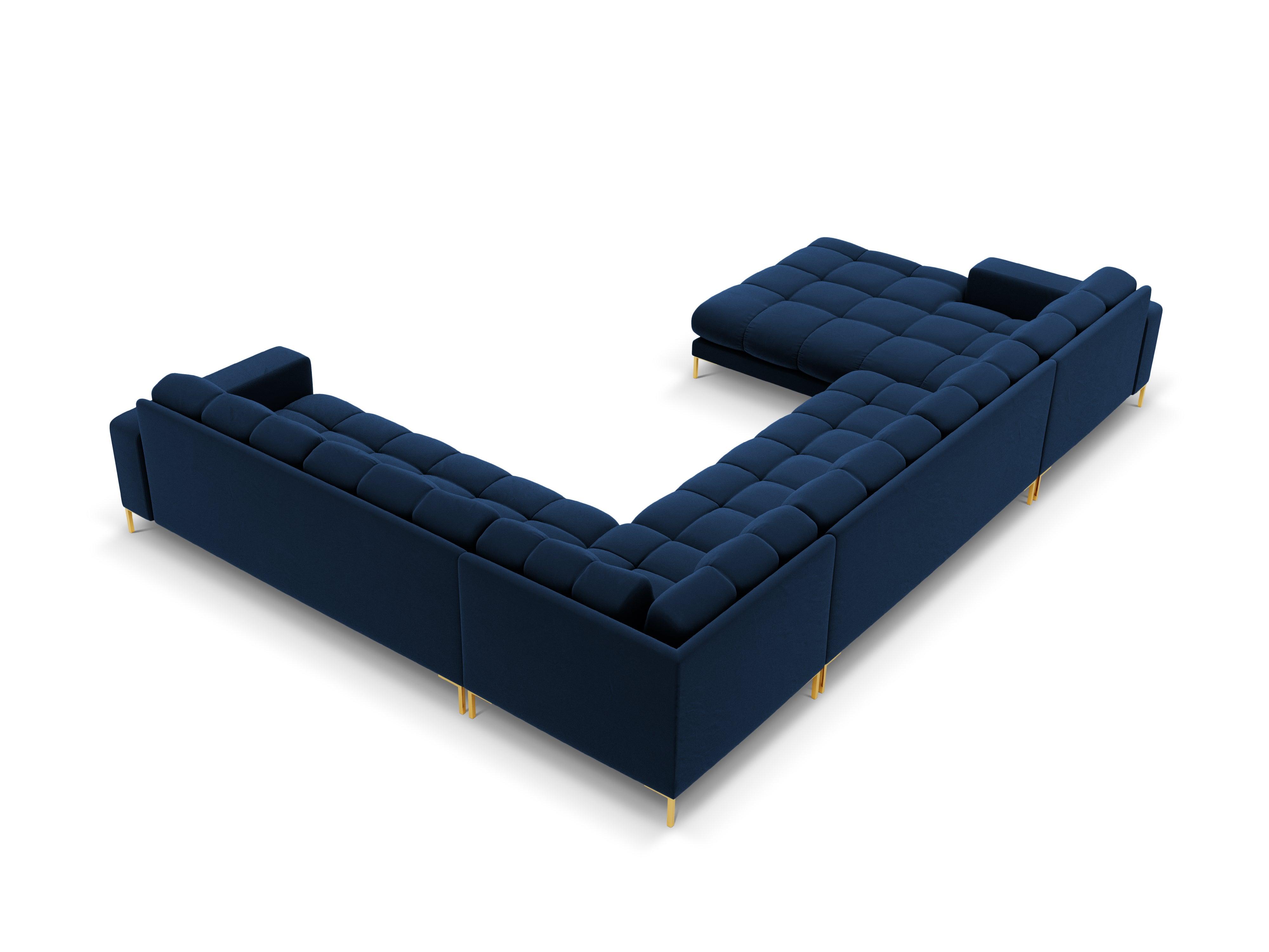 Sofa aksamitna panoramiczna prawostronna 7-osobowa BALI granat królewski ze złotą podstawą Cosmopolitan Design Eye on Design