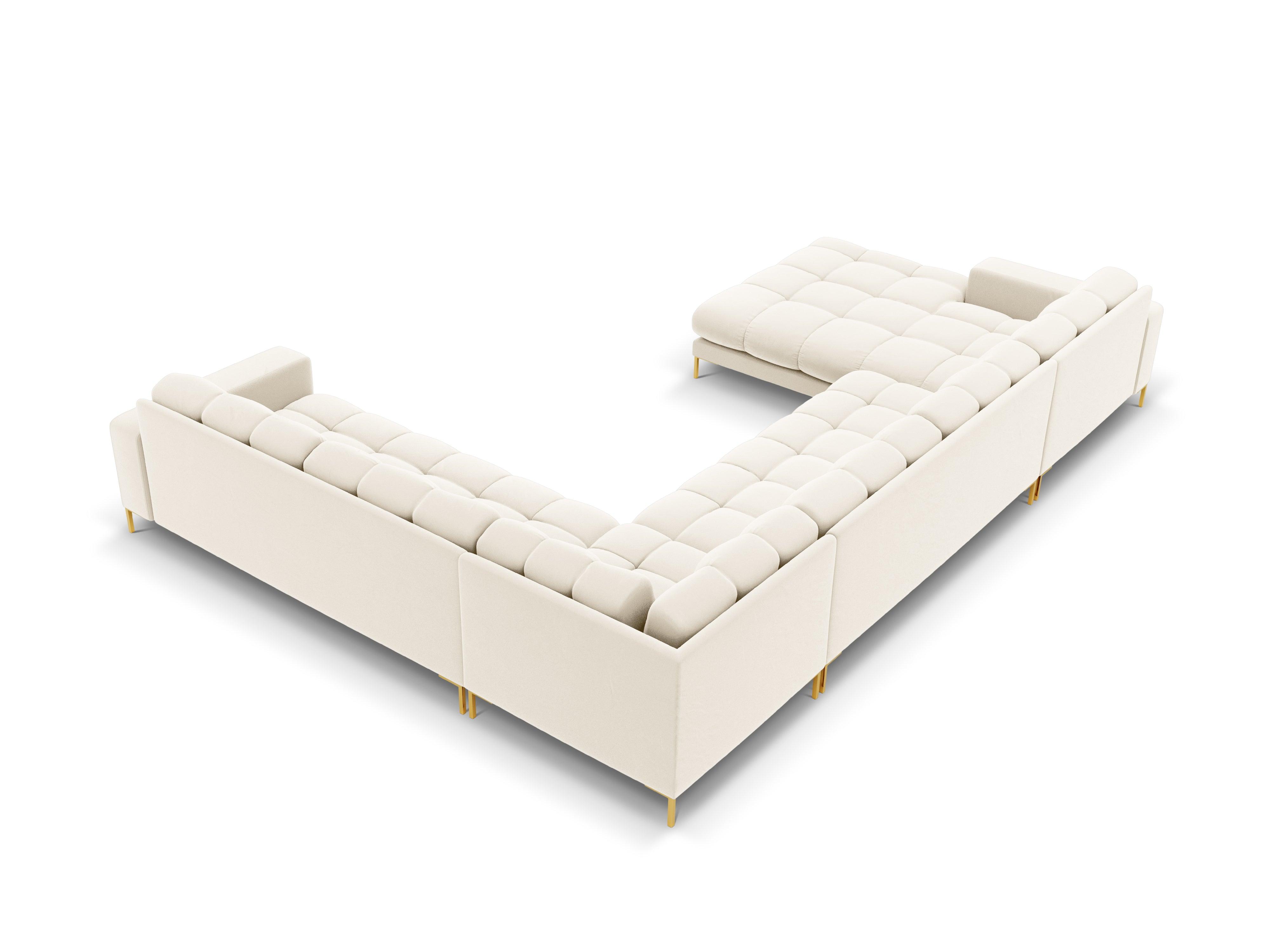 Sofa aksamitna panoramiczna prawostronna 7-osobowa BALI jasnobeżowy ze złotą podstawą Cosmopolitan Design Eye on Design