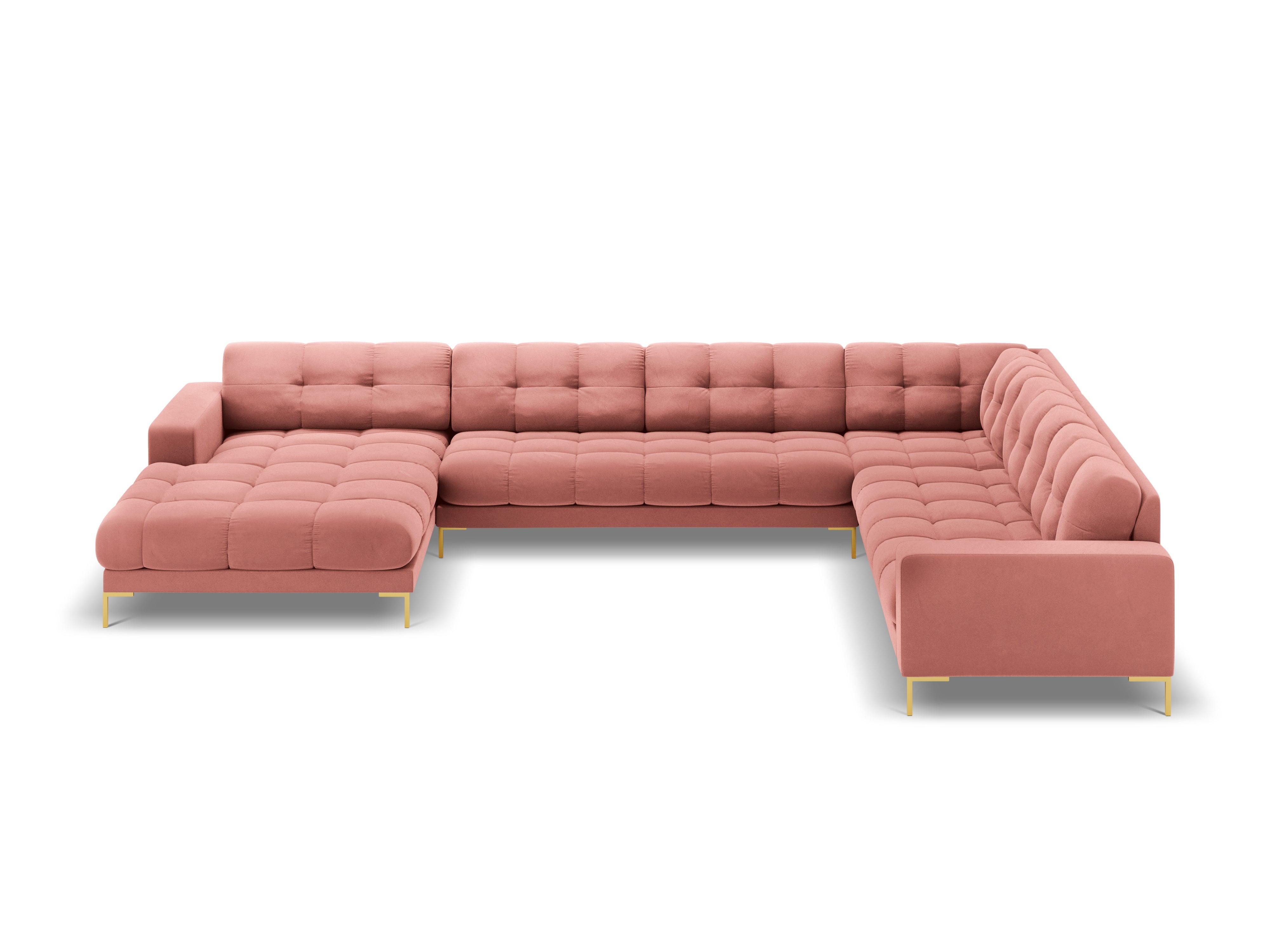 Sofa aksamitna panoramiczna prawostronna 7-osobowa BALI różowy ze złotą podstawą Cosmopolitan Design Eye on Design