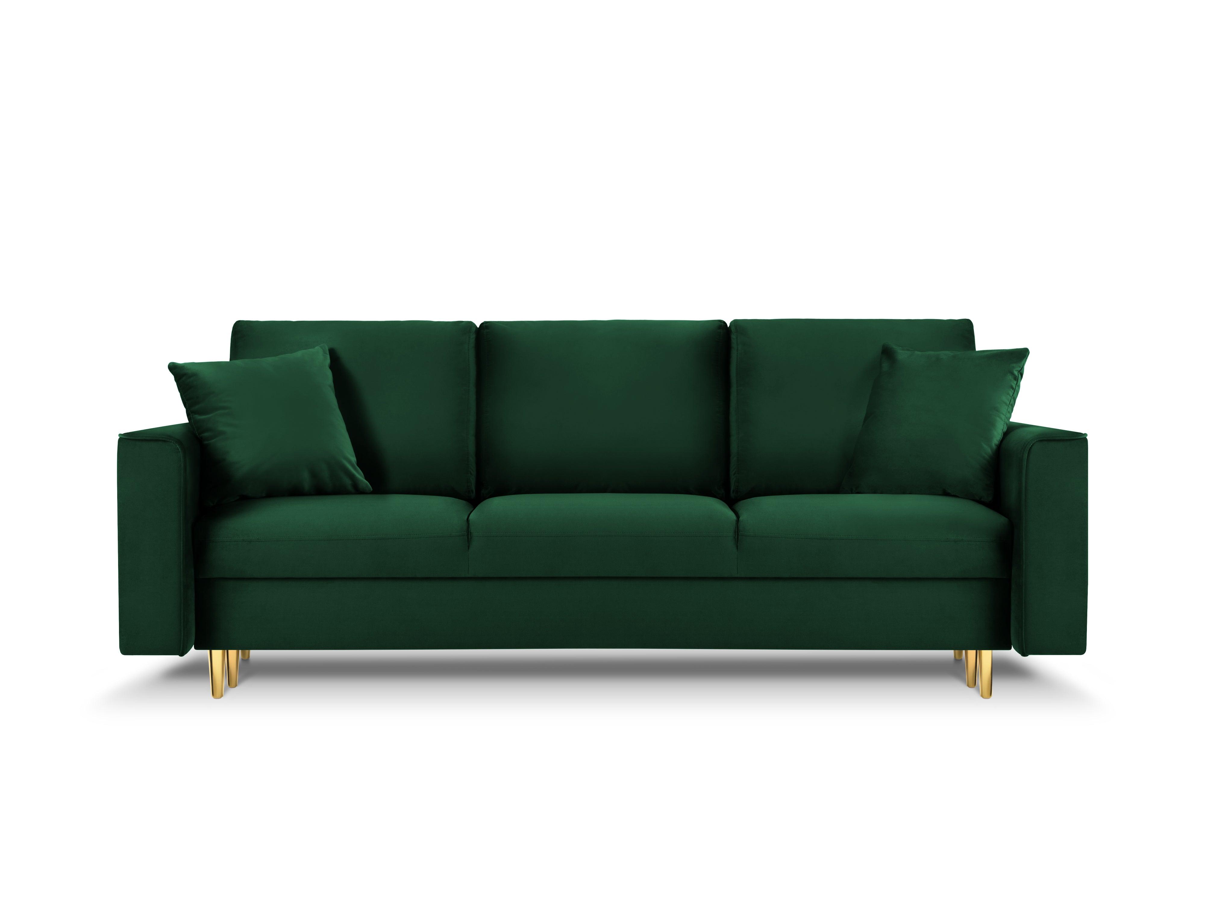 Sofa aksamitna z funkcją spania CARTADERA butelkowa zieleń ze złotą podstawą Mazzini Sofas Eye on Design