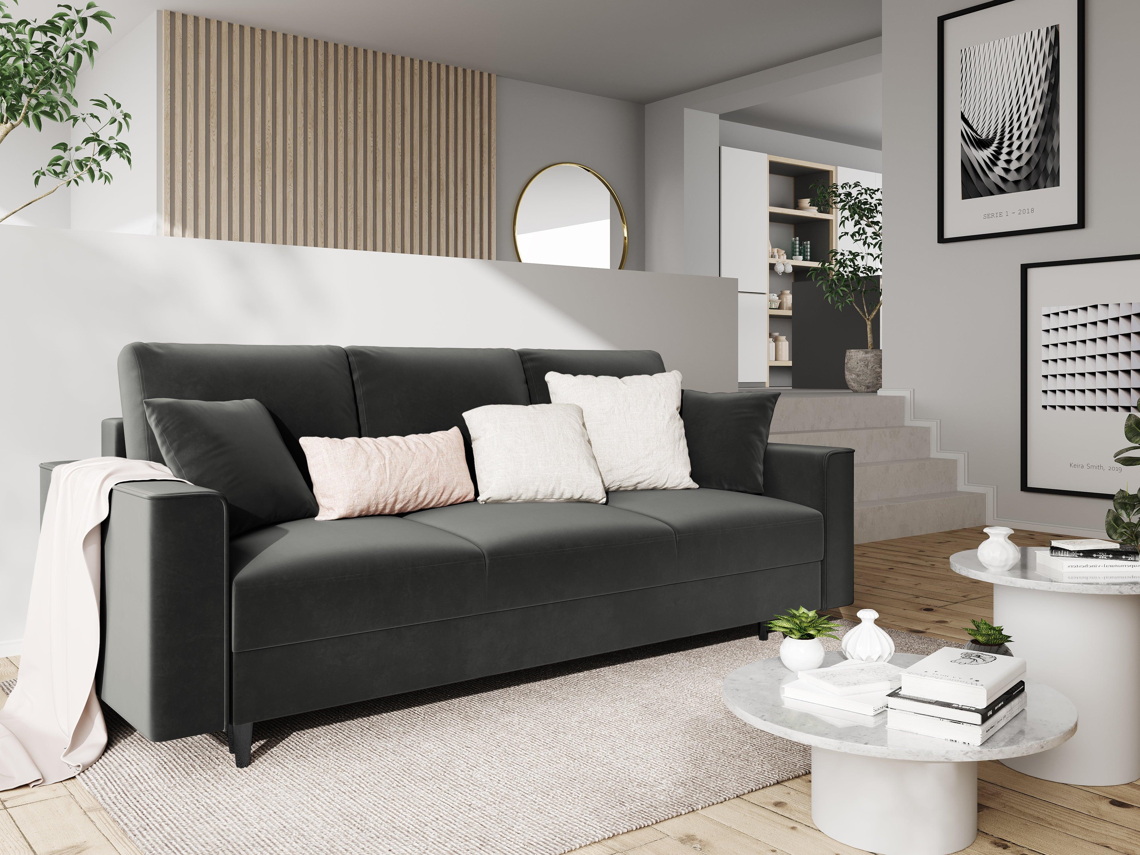 Sofa aksamitna z funkcją spania CARTADERA ciemnoszary z czarną podstawą Mazzini Sofas Eye on Design