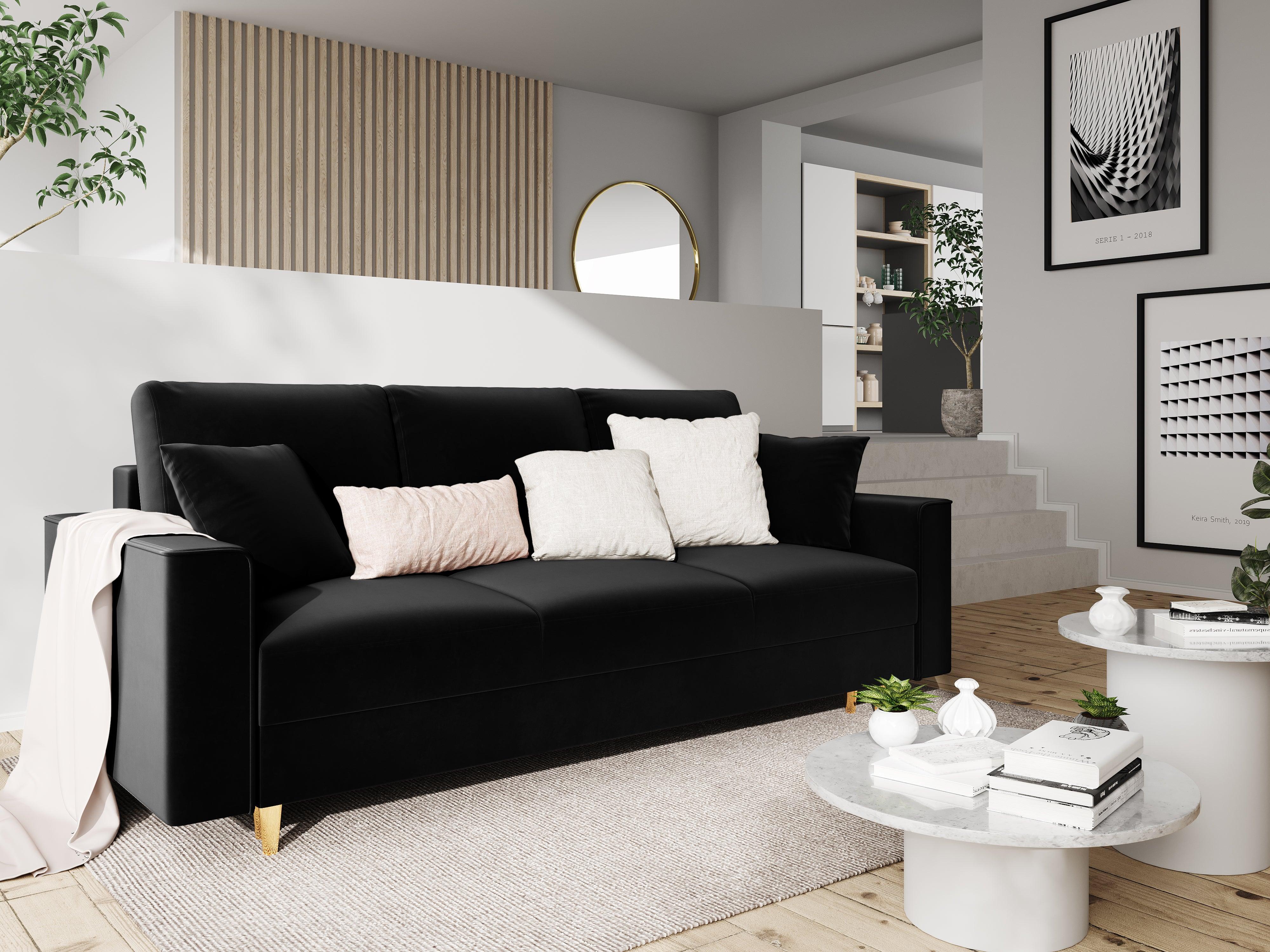 Sofa aksamitna z funkcją spania CARTADERA czarny ze złotą podstawą Mazzini Sofas Eye on Design