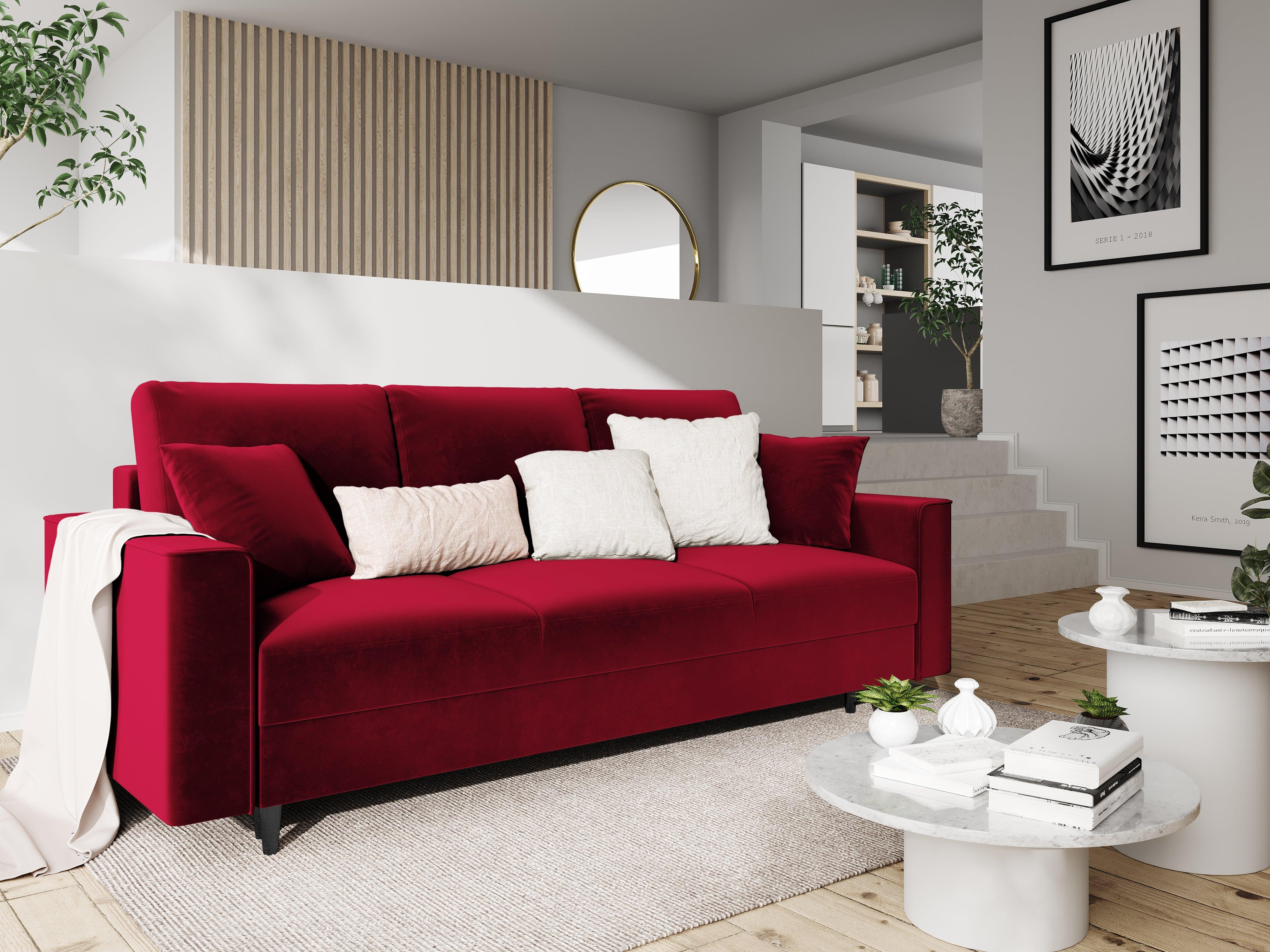 Sofa aksamitna z funkcją spania CARTADERA czerwony z czarną podstawą Mazzini Sofas Eye on Design
