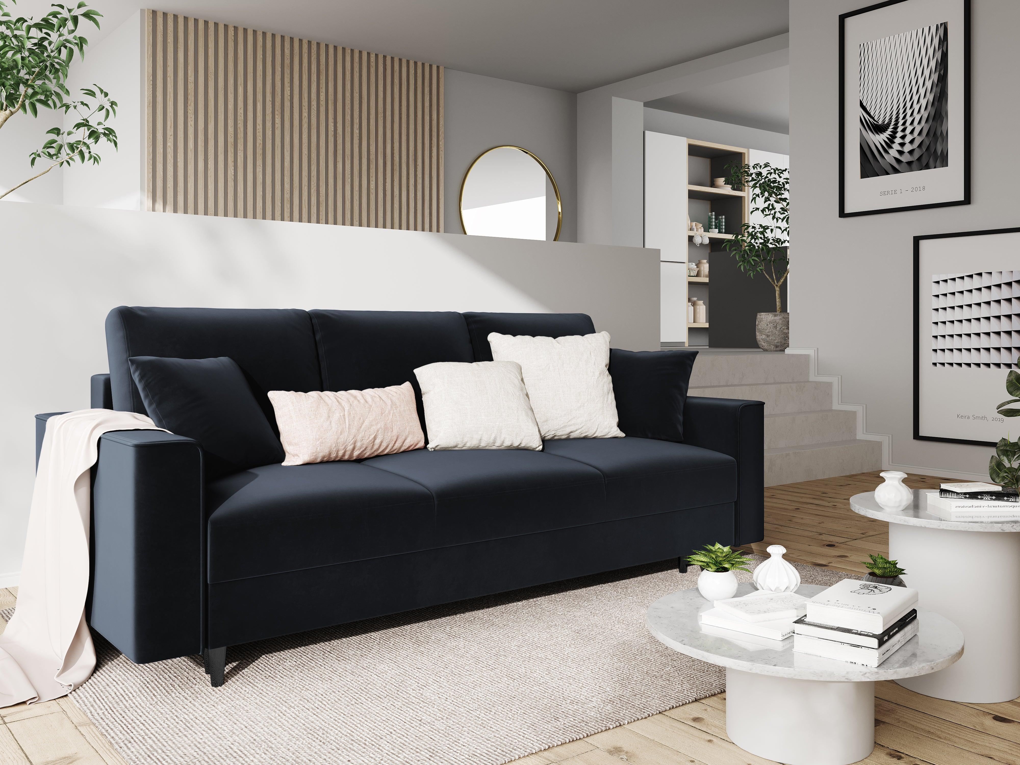 Sofa aksamitna z funkcją spania CARTADERA granatowy z czarną podstawą Mazzini Sofas Eye on Design