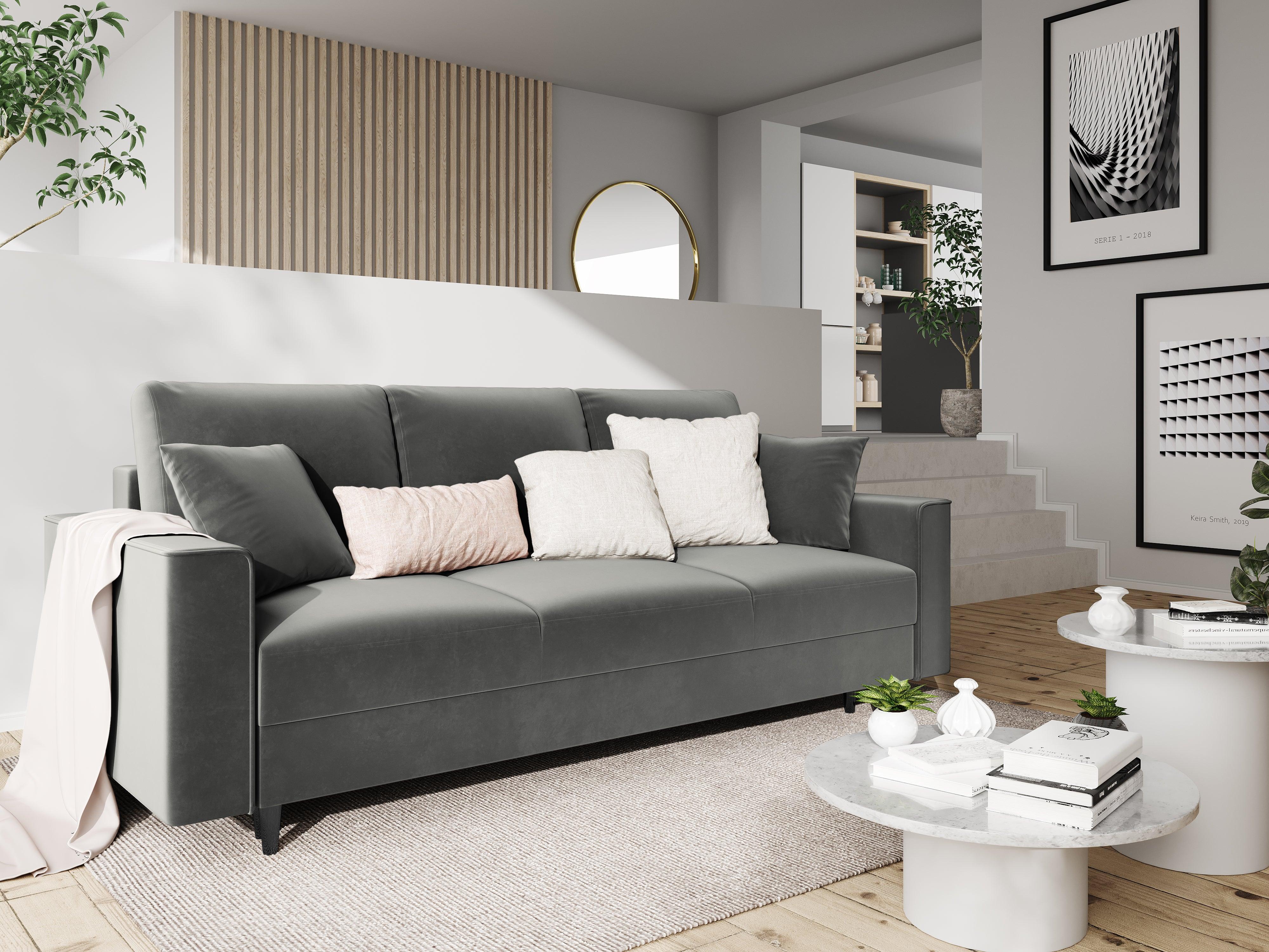 Sofa aksamitna z funkcją spania CARTADERA jasnoszary z czarną podstawą Mazzini Sofas Eye on Design
