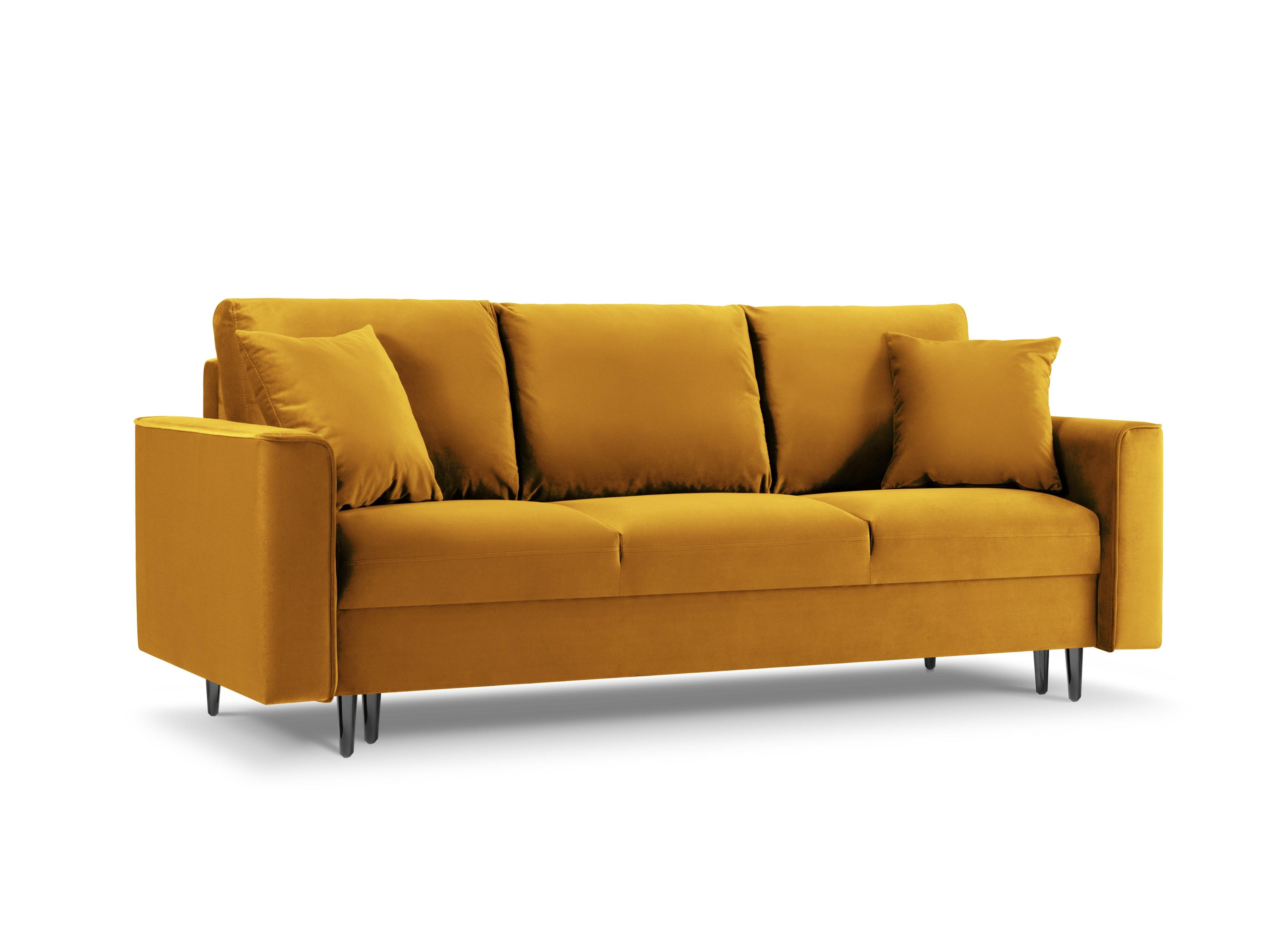 Sofa aksamitna z funkcją spania CARTADERA musztardowy z czarną podstawą Mazzini Sofas Eye on Design
