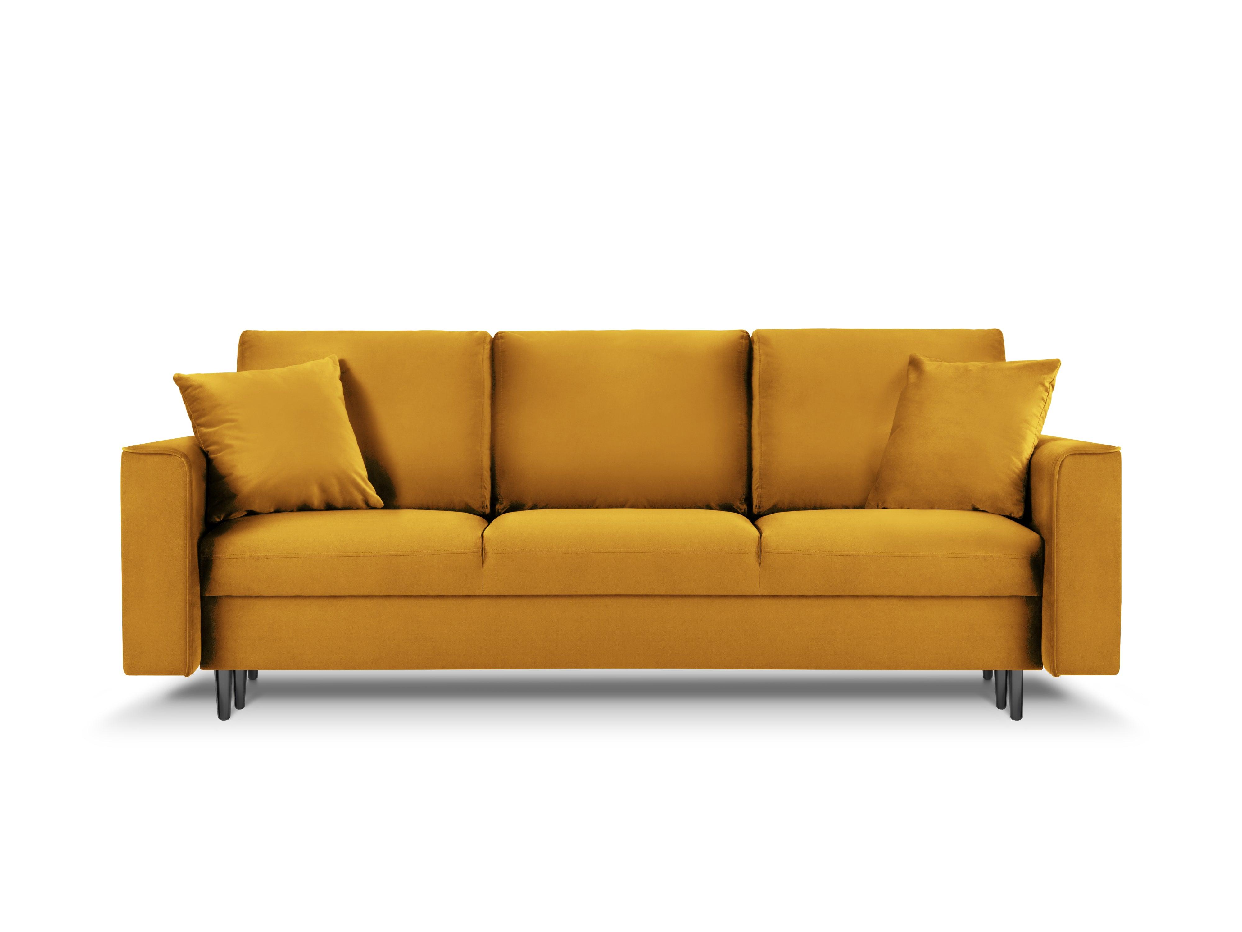 Sofa aksamitna z funkcją spania CARTADERA musztardowy z czarną podstawą Mazzini Sofas Eye on Design