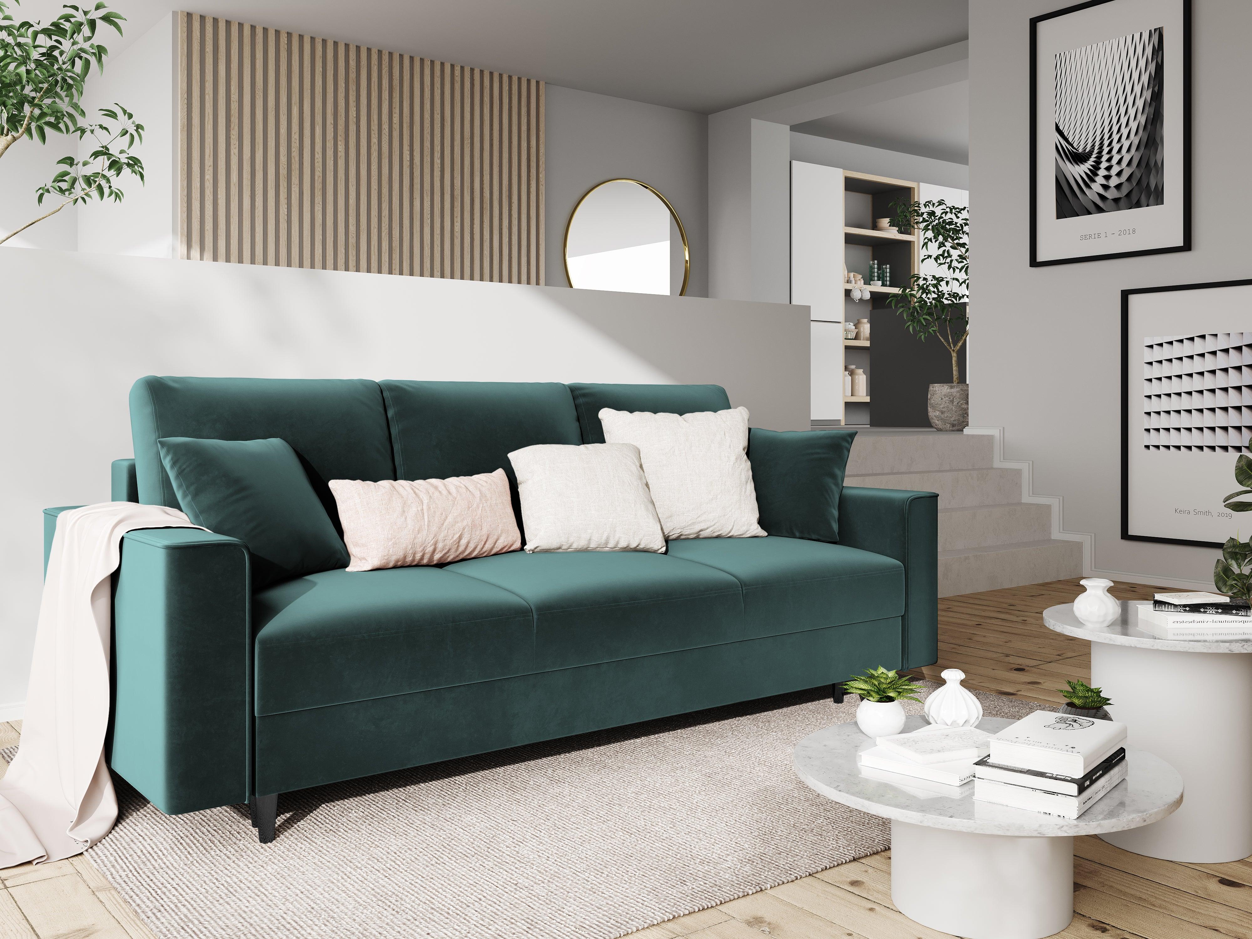 Sofa aksamitna z funkcją spania CARTADERA petrol z czarną podstawą Mazzini Sofas Eye on Design