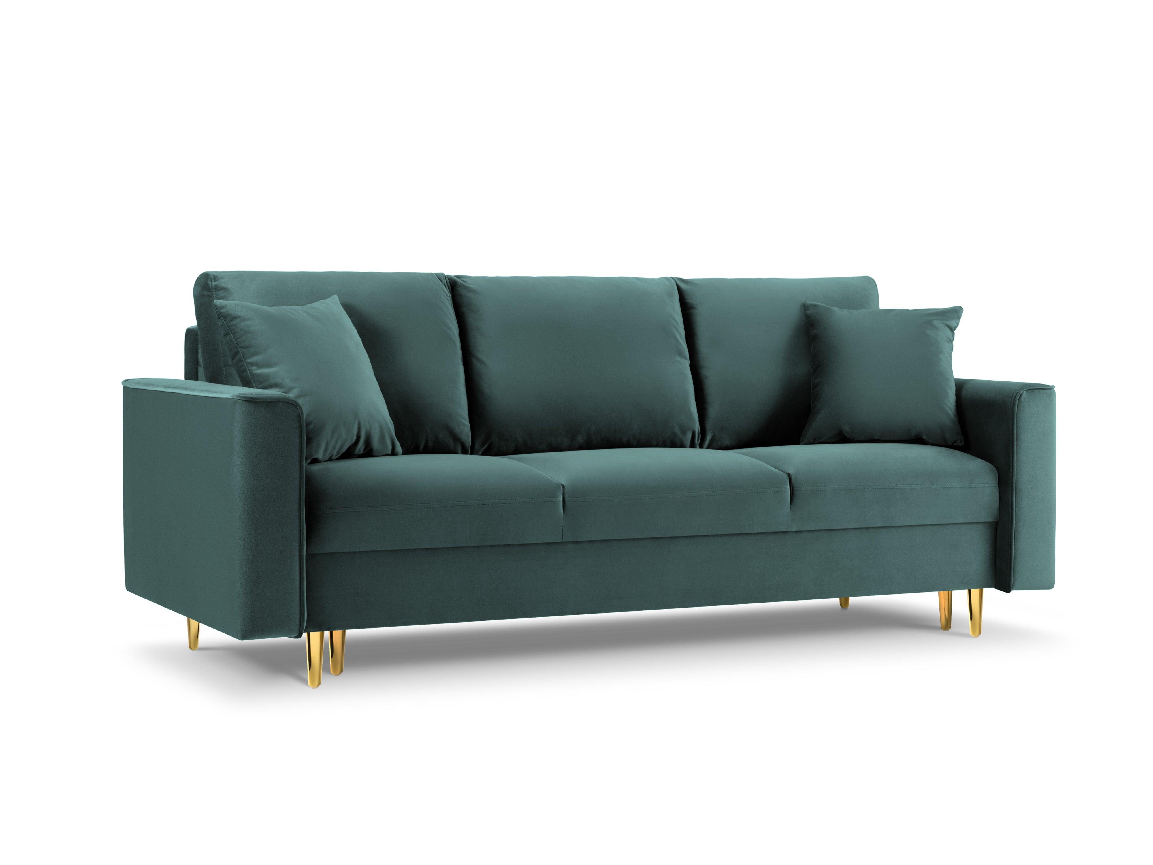 Sofa aksamitna z funkcją spania CARTADERA petrol ze złotą podstawą Mazzini Sofas Eye on Design