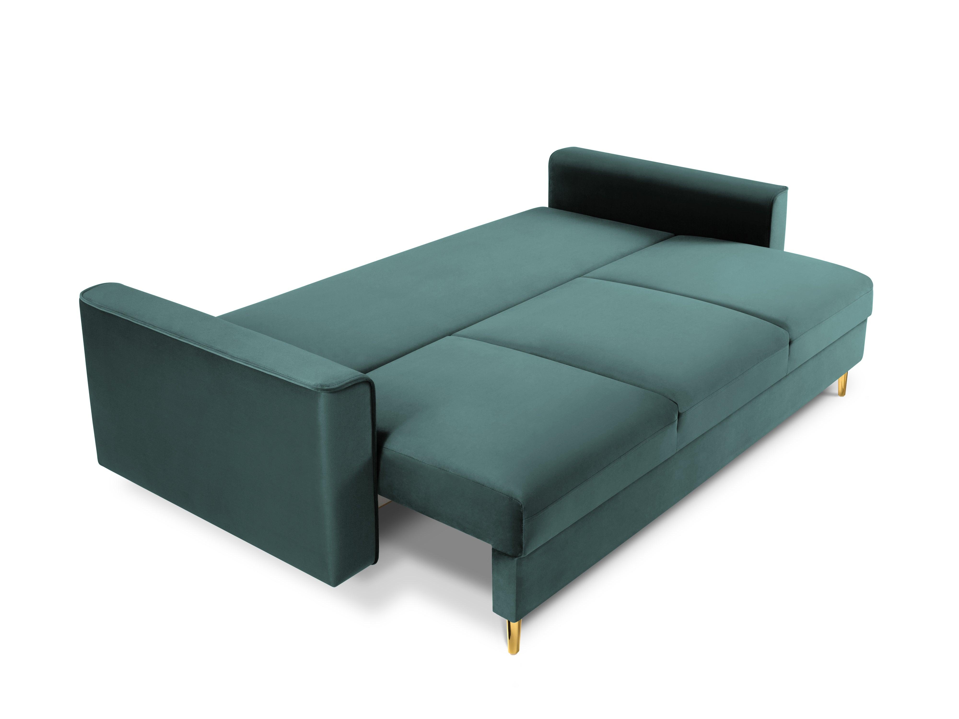 Sofa aksamitna z funkcją spania CARTADERA petrol ze złotą podstawą Mazzini Sofas Eye on Design