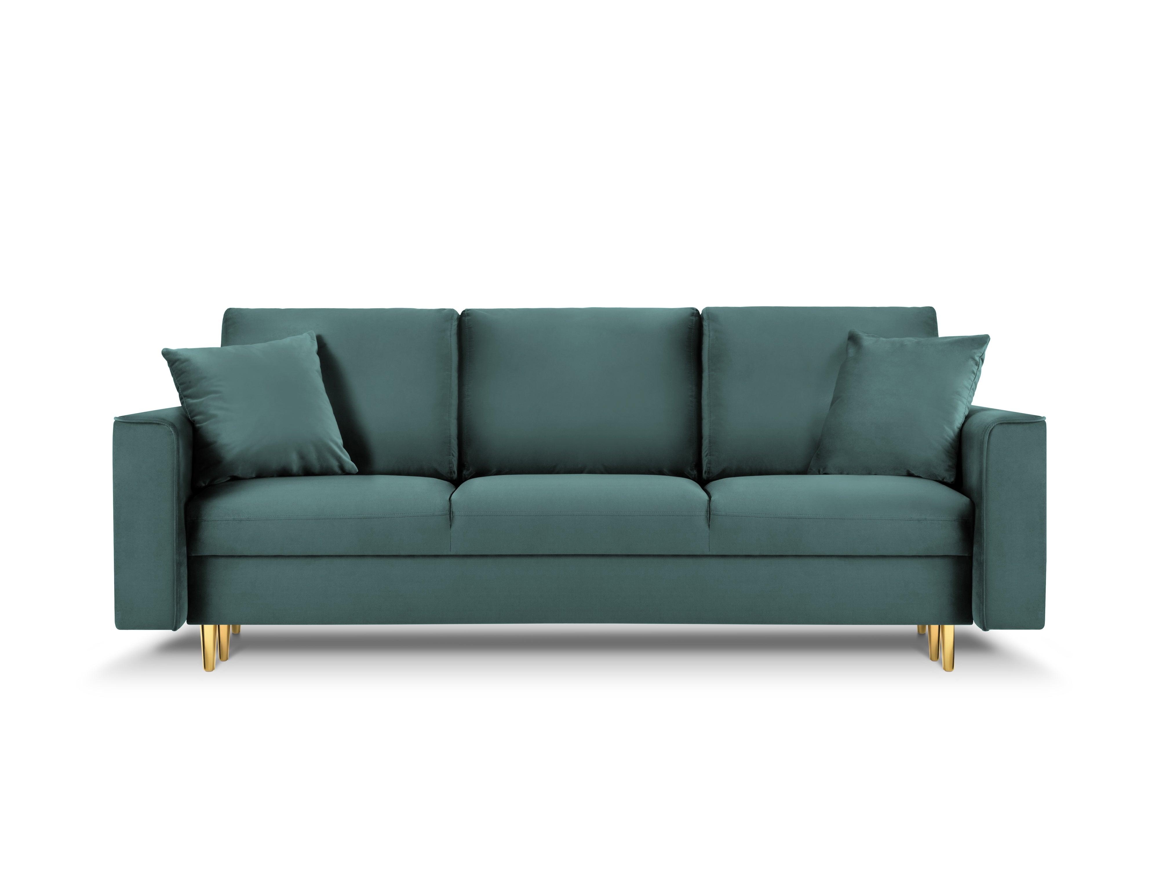 Sofa aksamitna z funkcją spania CARTADERA petrol ze złotą podstawą Mazzini Sofas Eye on Design