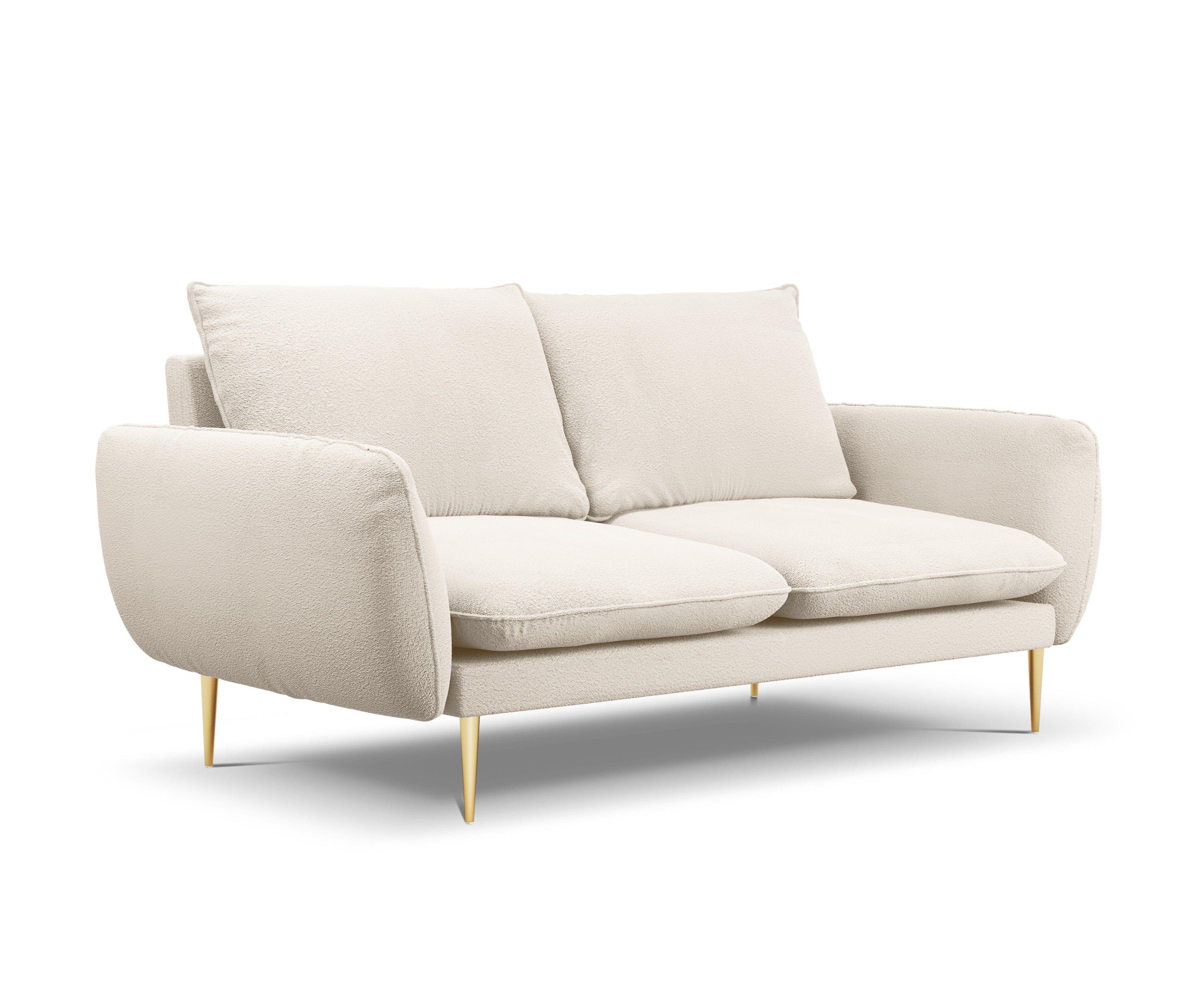 Sofa w tkaninie boucle 2-osobowa VIENNA beżowy ze złotą podstawą Cosmopolitan Design Eye on Design