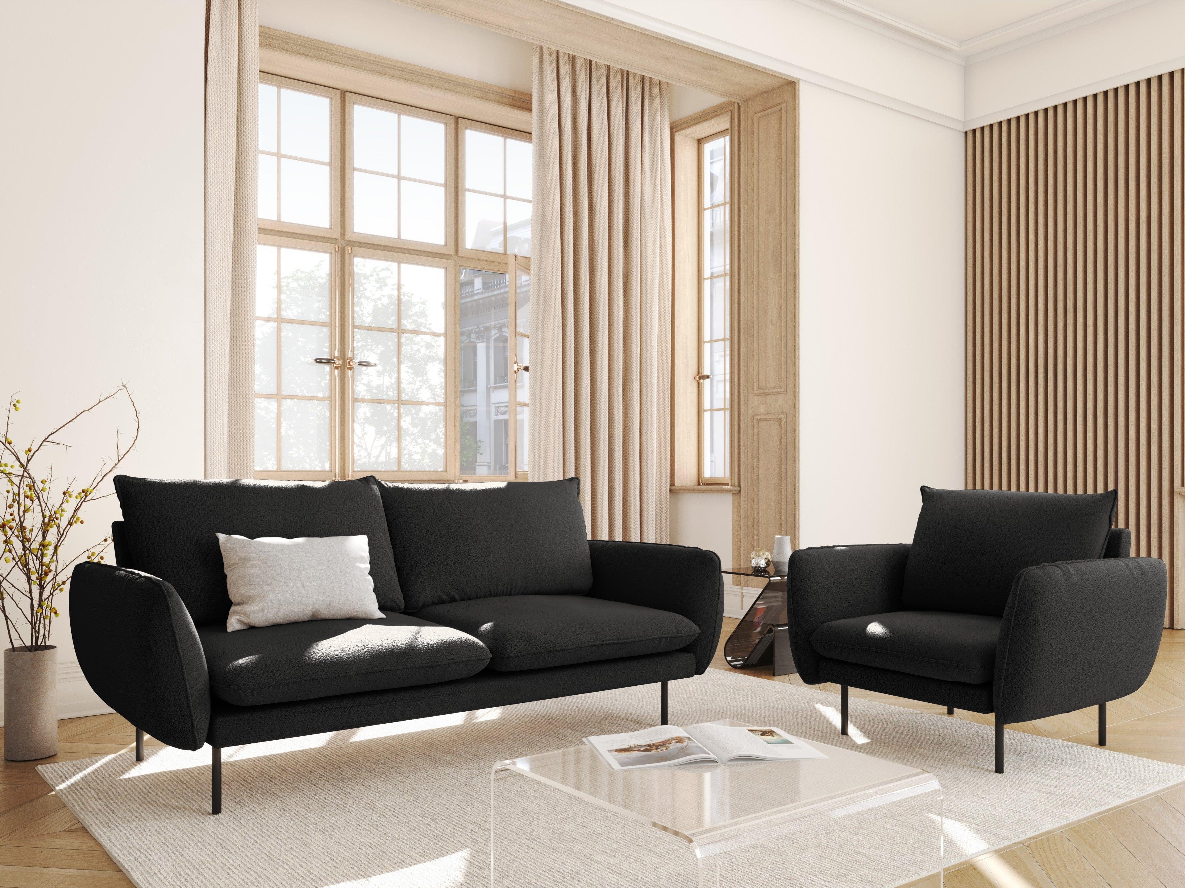 Sofa w tkaninie boucle 2-osobowa VIENNA czarny z czarną podstawą Cosmopolitan Design Eye on Design