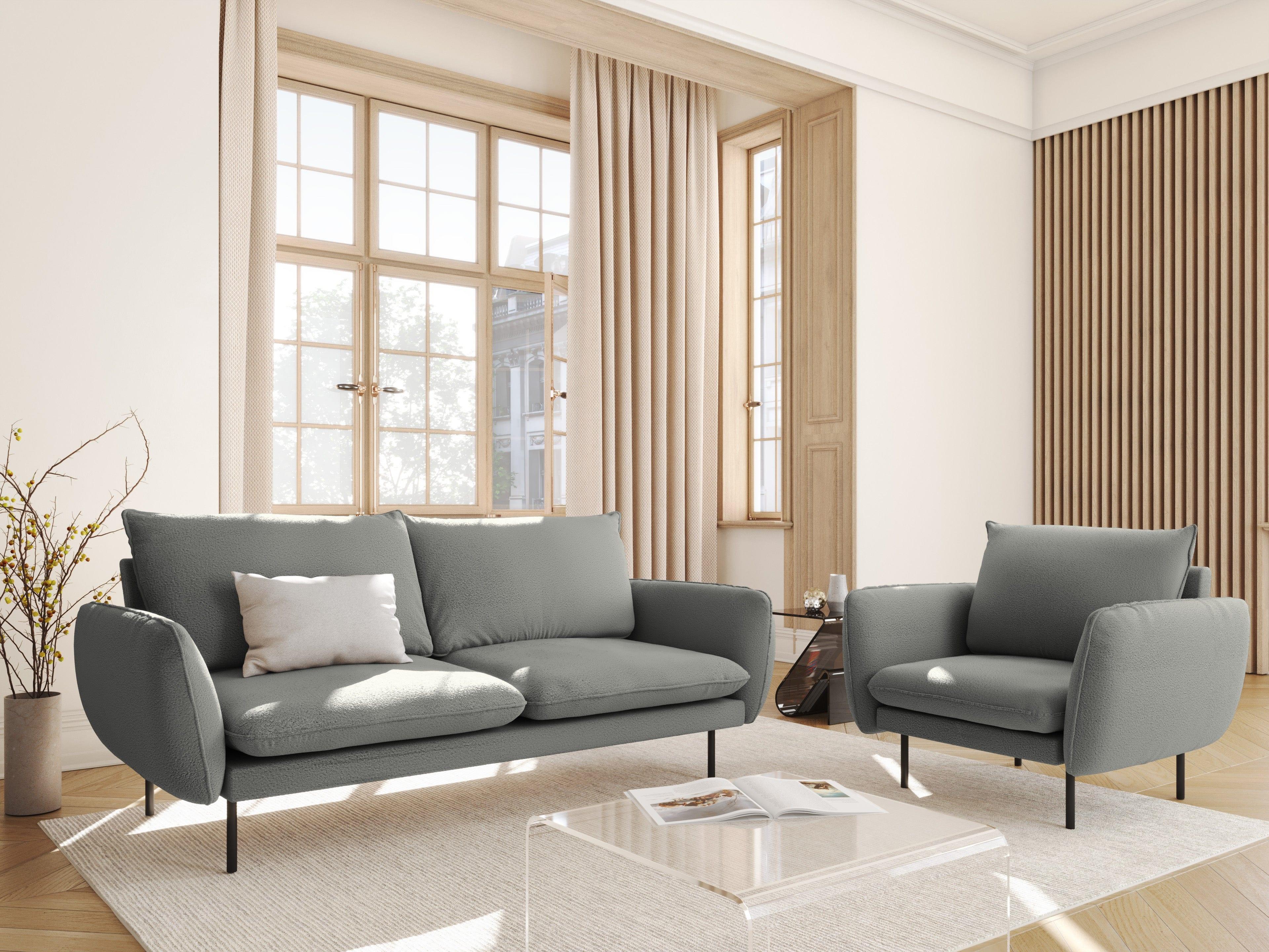 Sofa w tkaninie boucle 2-osobowa VIENNA szary z czarną podstawą Cosmopolitan Design Eye on Design
