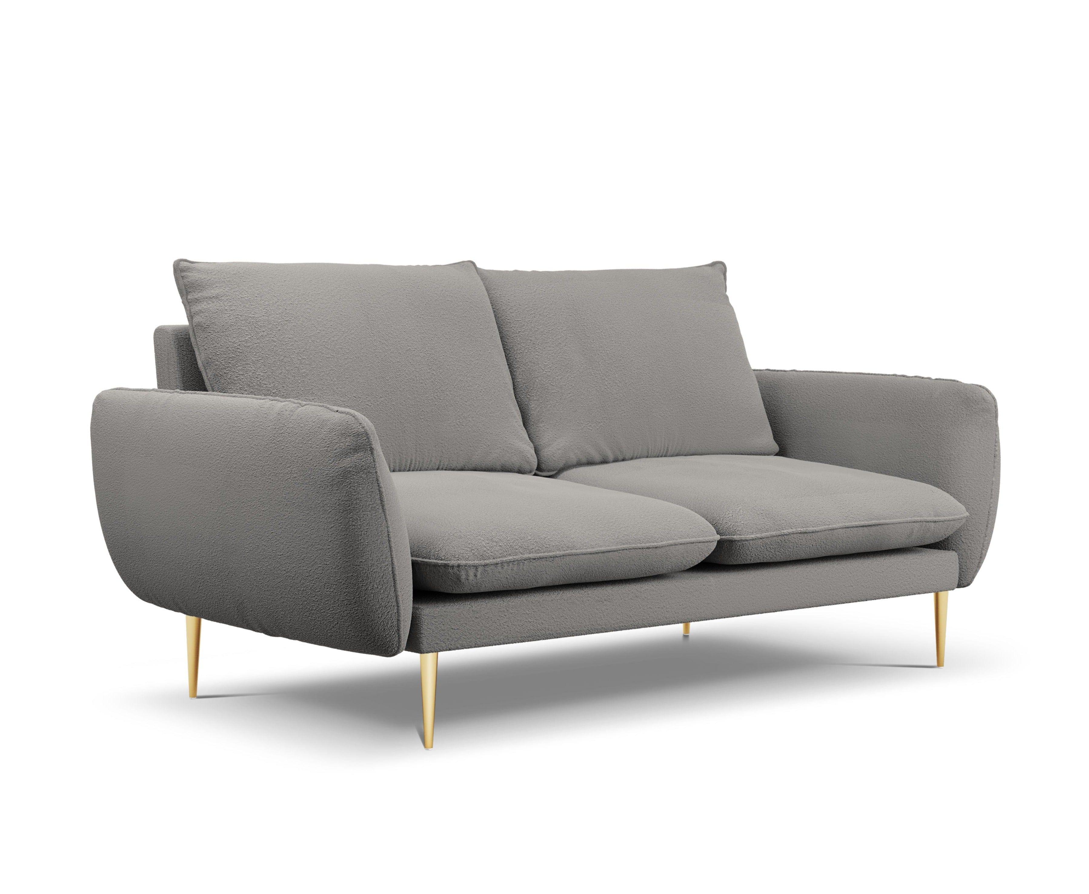 Sofa w tkaninie boucle 2-osobowa VIENNA szary ze złotą podstawą Cosmopolitan Design Eye on Design