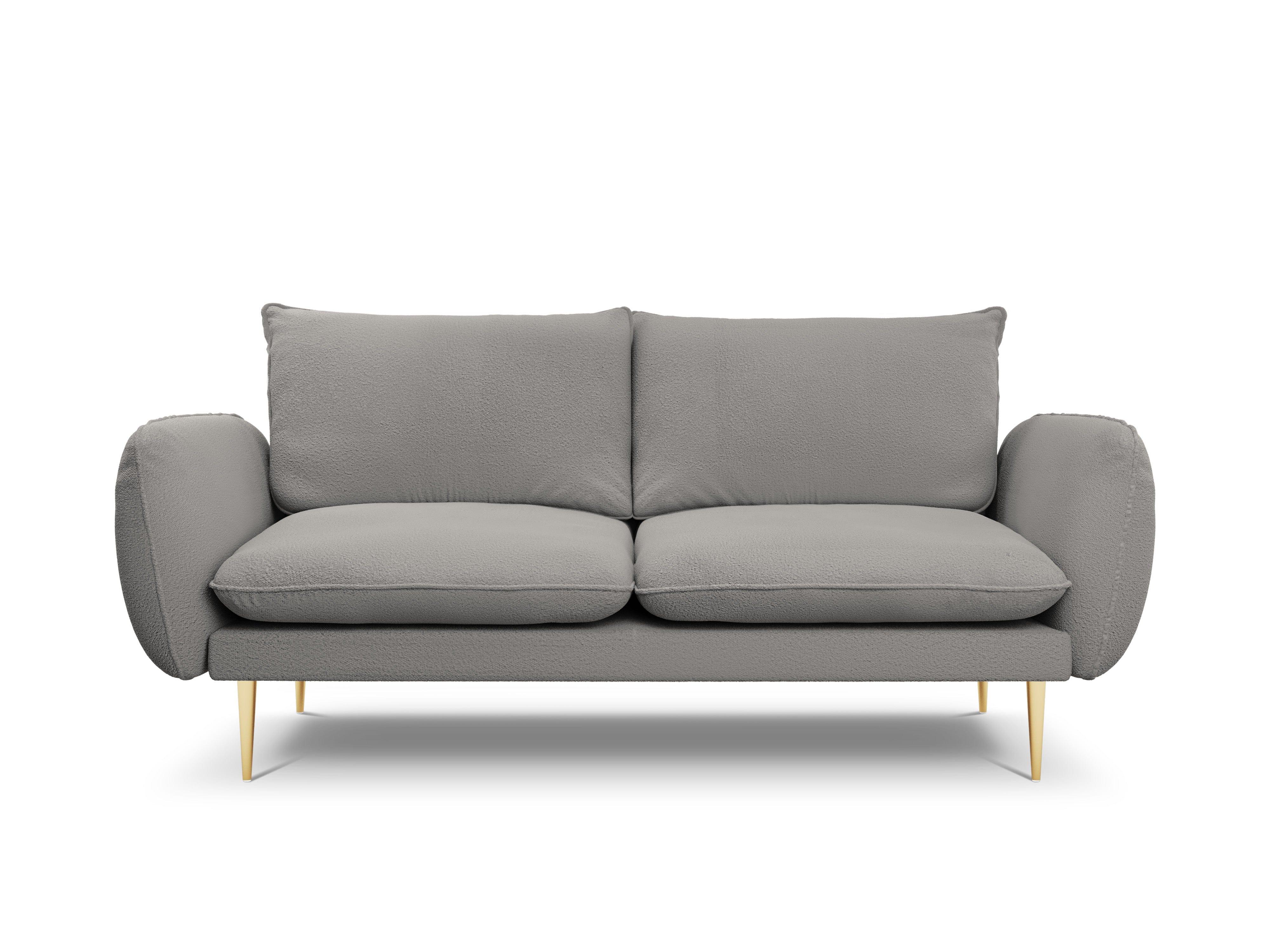 Sofa w tkaninie boucle 2-osobowa VIENNA szary ze złotą podstawą Cosmopolitan Design Eye on Design