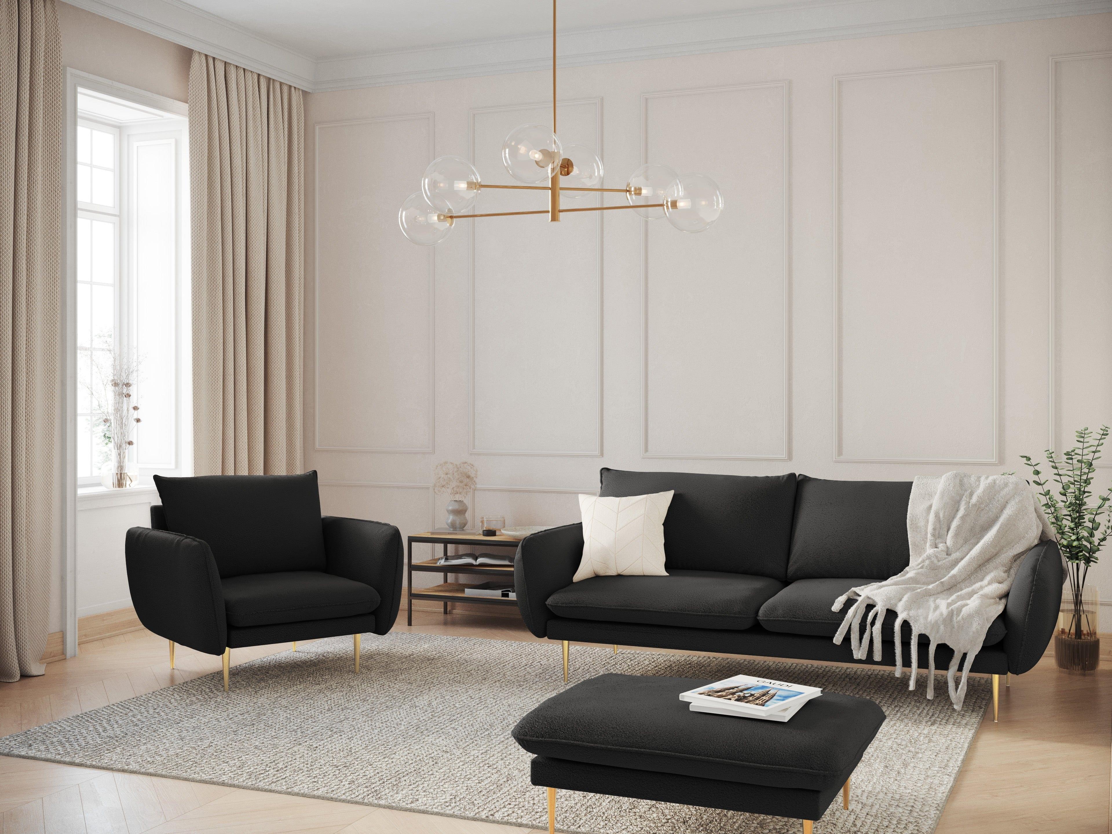Sofa w tkaninie boucle 3-osobowa VIENNA czarny ze złotą podstawą Cosmopolitan Design Eye on Design