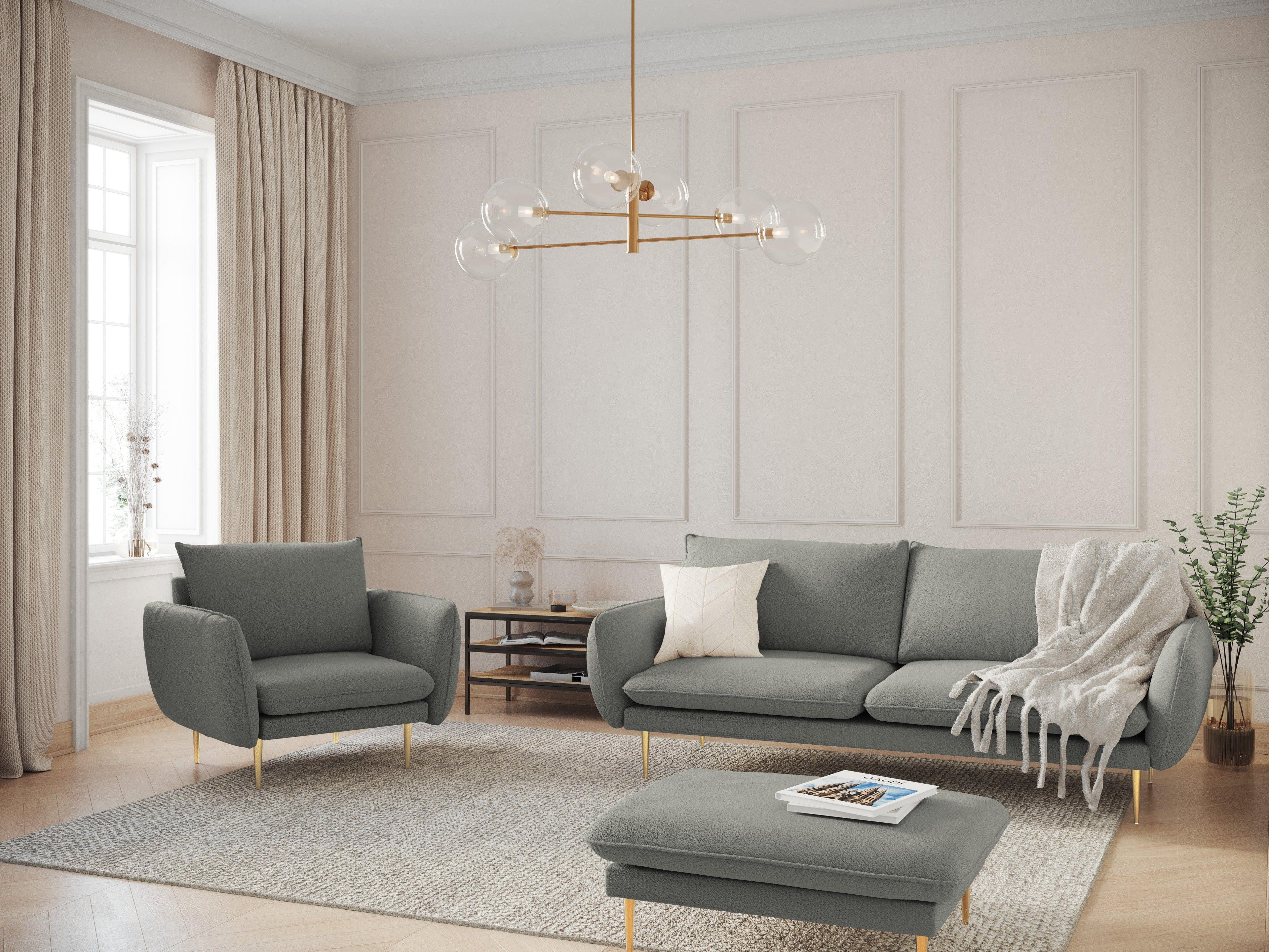 Sofa w tkaninie boucle 3-osobowa VIENNA szary ze złotą podstawą Cosmopolitan Design Eye on Design