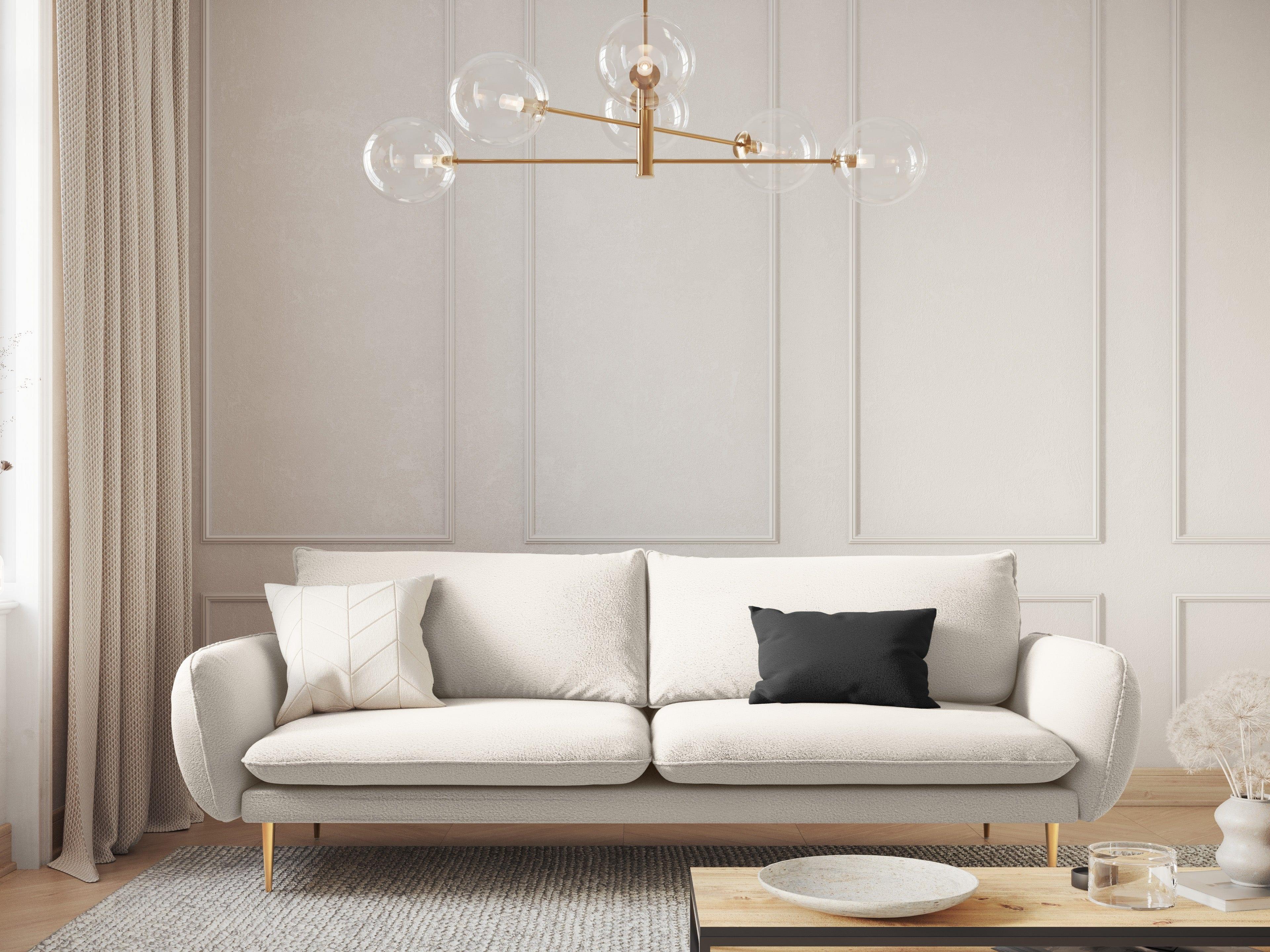 Sofa w tkaninie boucle 4-osobowa VIENNA beżowy ze złotą podstawą Cosmopolitan Design Eye on Design